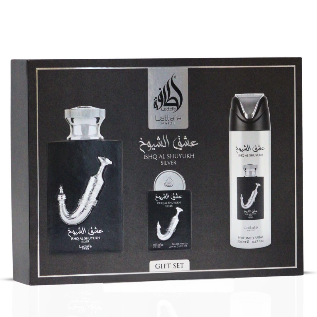 Lattafa Pride Ishq Al Shuyukh Silver 3-Piece Gift Set – Long Lasting Arabian Perfume for Men