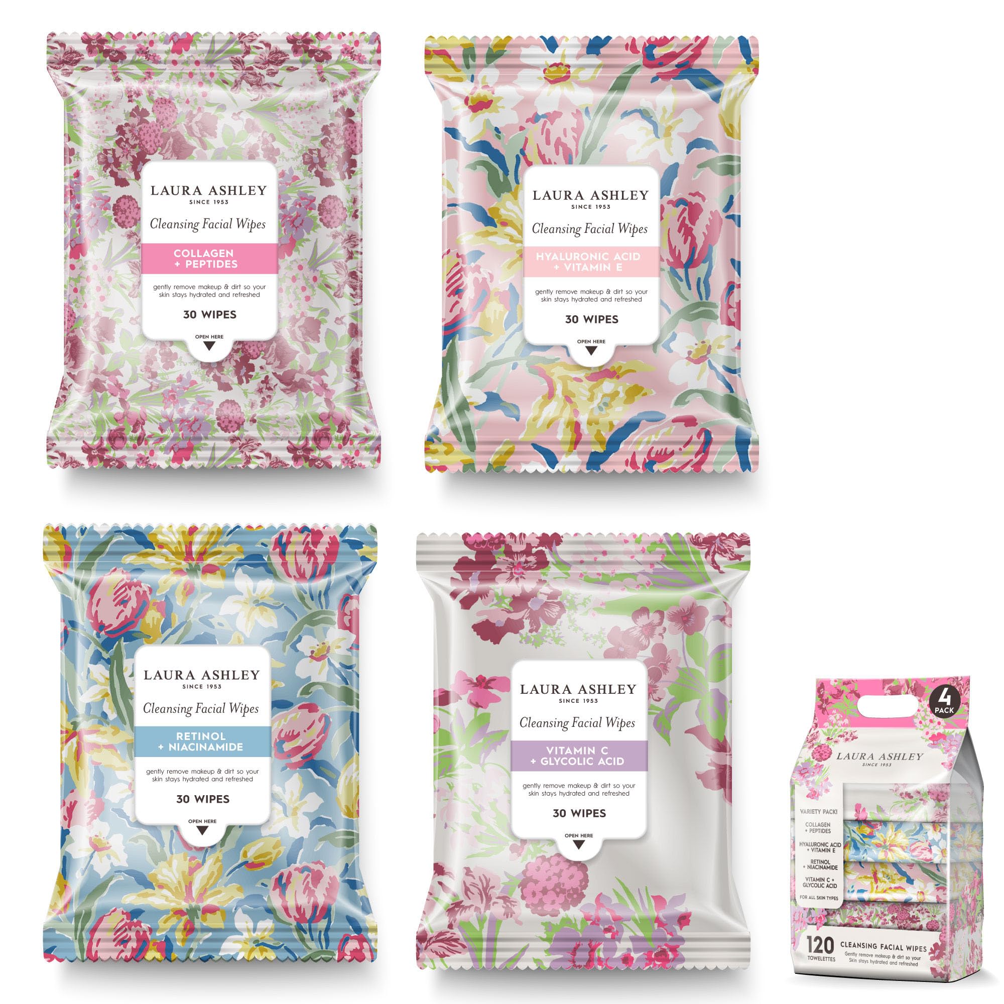 Laura Ashley 4-Pack Face Wipes for Women – Makeup Remover, Vitamin C, Retinol, Hyaluronic Acid | 120 Wipes