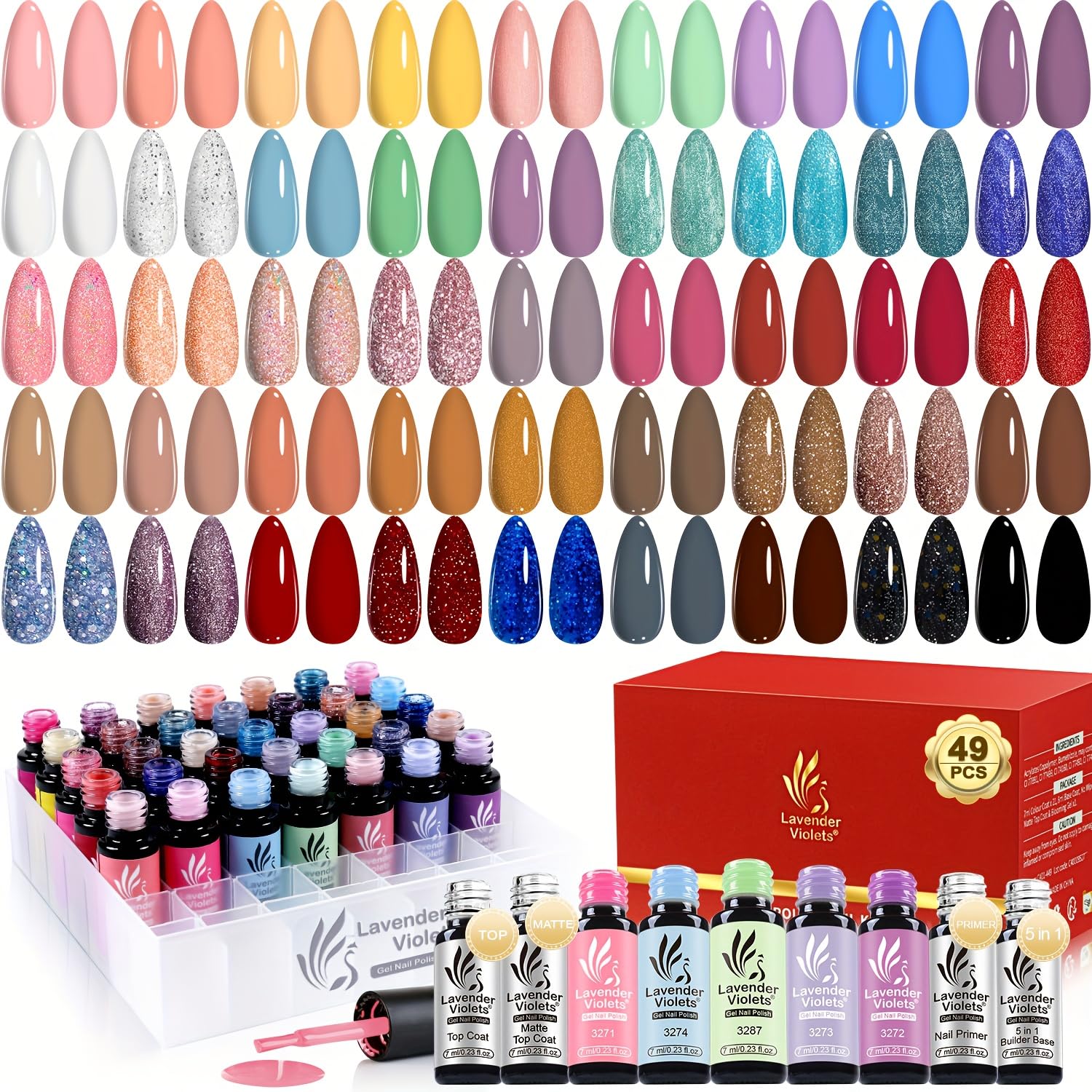 Lavender Violets 49 Pcs Gel Nail Polish Set | 45 Colors, Glossy & Matte Top Coats, UV/LED Ready A907