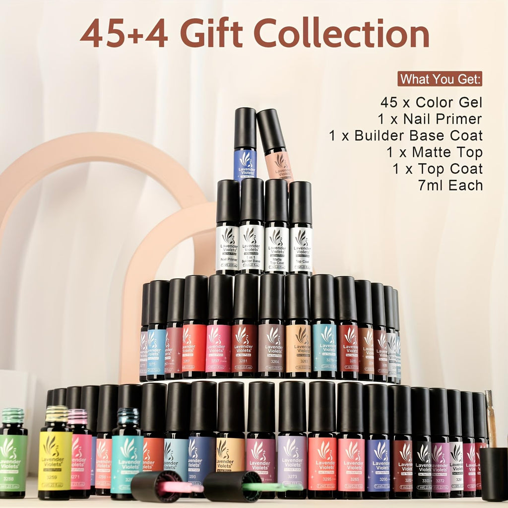 Lavender Violets 49 Pcs Gel Nail Polish Set | 45 Colors, Glossy & Matte Top Coats, UV/LED Ready A907
