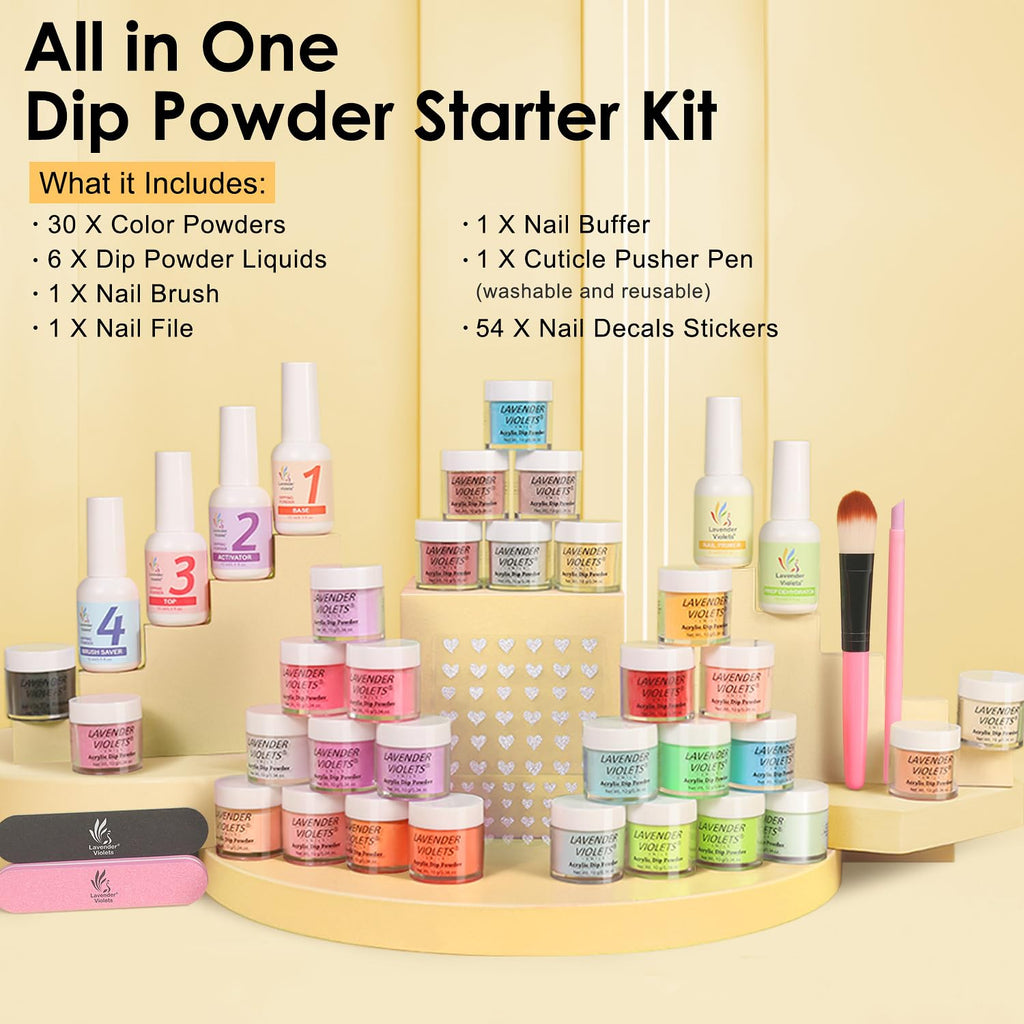 Lavender Violets 94Pcs Dip Powder Nail Kit Starter — 30 Neon Colors, Tools & Decals for DIY Manicure (B703)