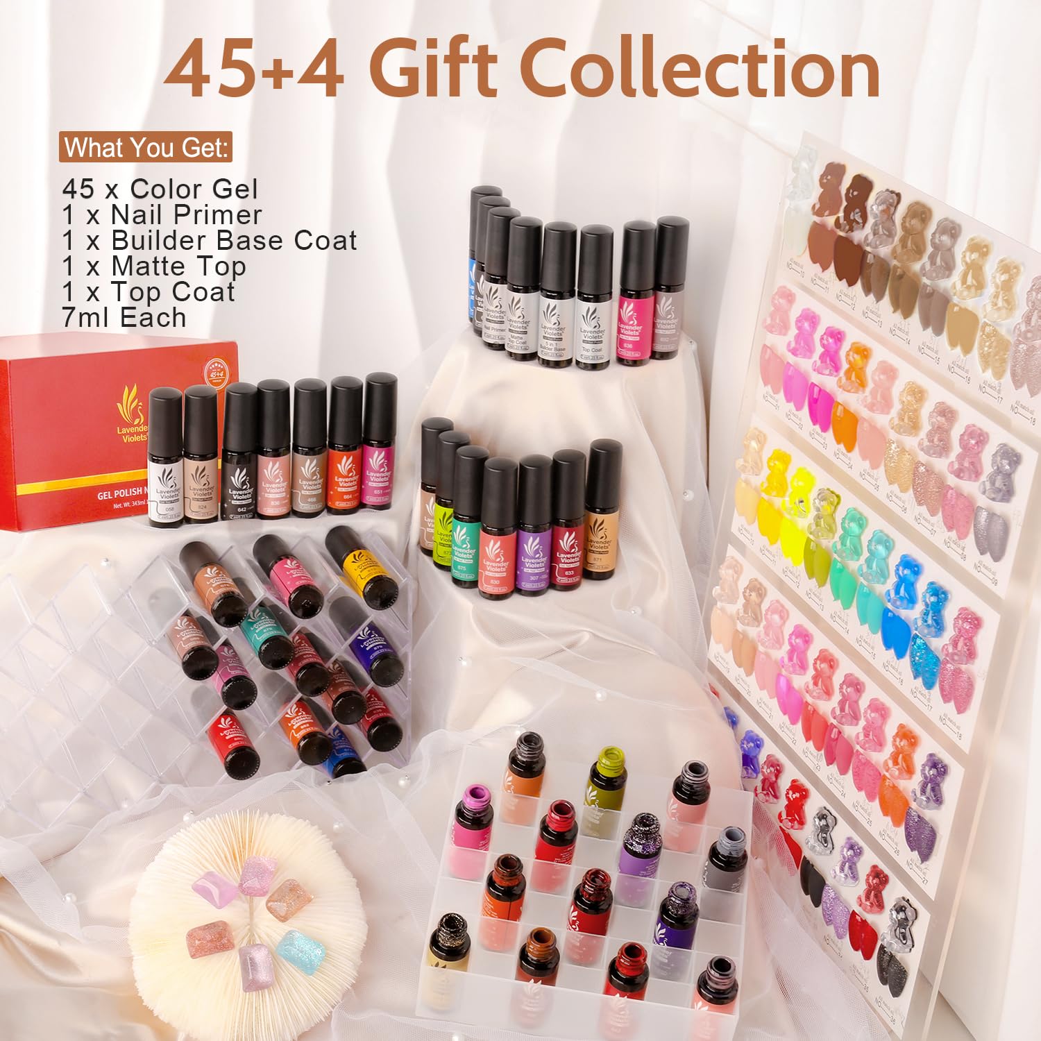 Lavender Violets 49-Piece Gel Nail Polish Set – 45 Neon & Glow Colors + Primer, Builder Base, Top Coats A950