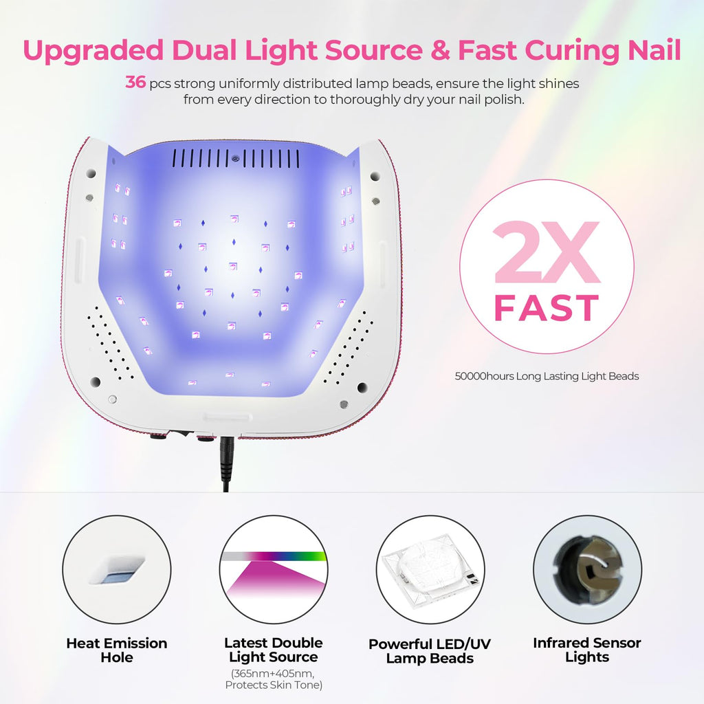 Lavinda UV Nail Lamp 54W – Dual-Wavelength Gel Curing with Rhinestones (Gradient Pink)