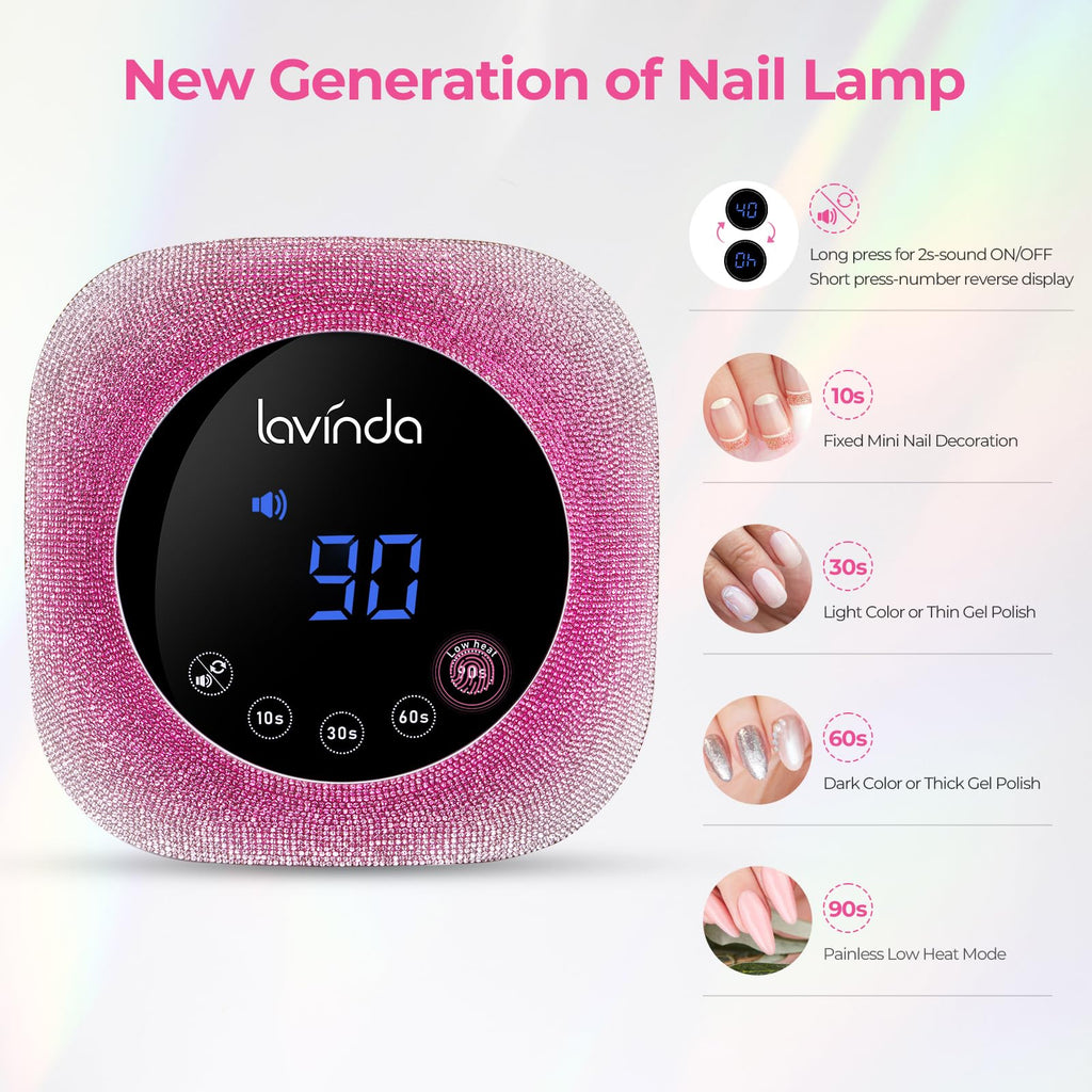 Lavinda UV Nail Lamp 54W – Dual-Wavelength Gel Curing with Rhinestones (Gradient Pink)