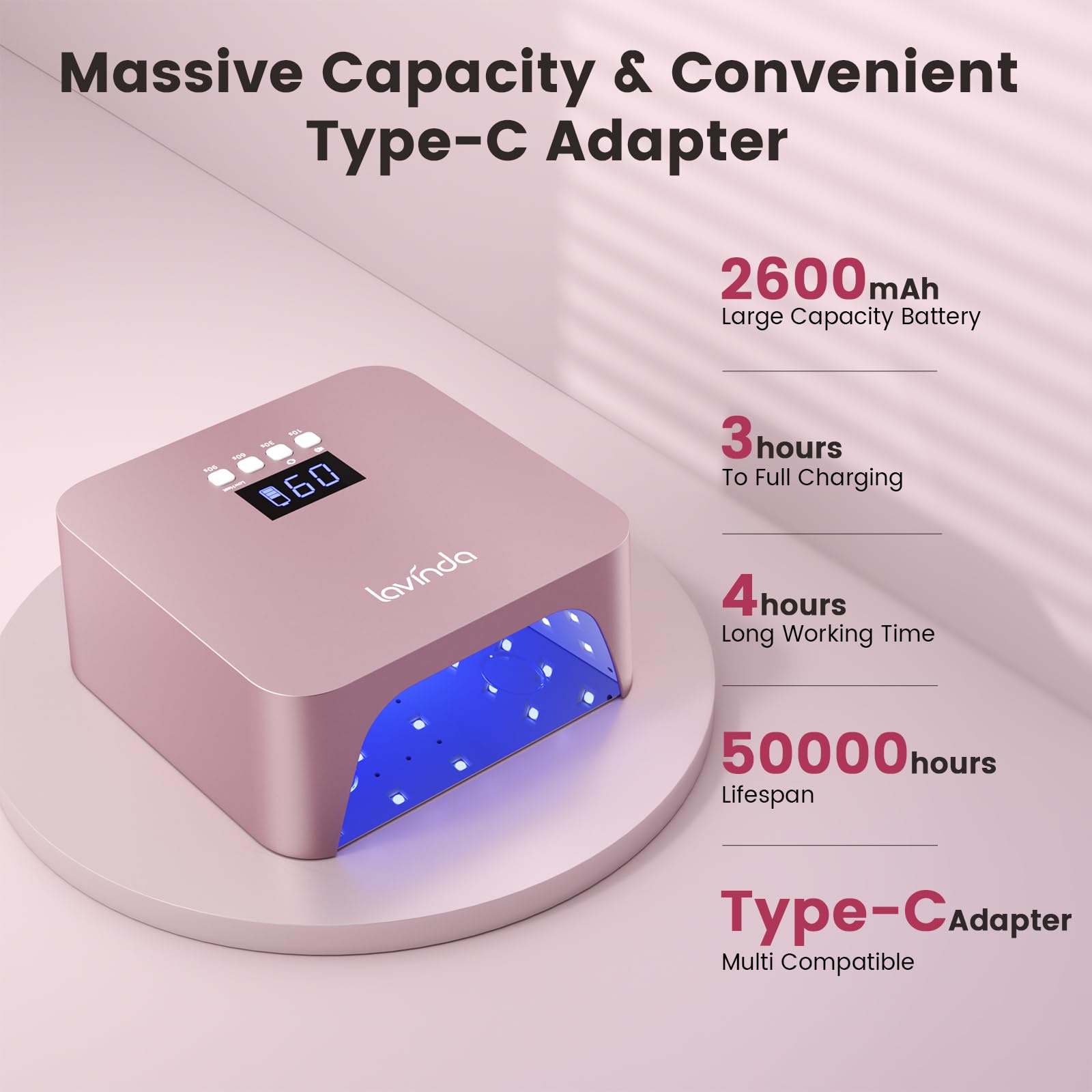 Lavinda 48W Nail Lamp – Rechargeable Cordless UV/LED Gel Dryer (NovaGlow RoseGold)