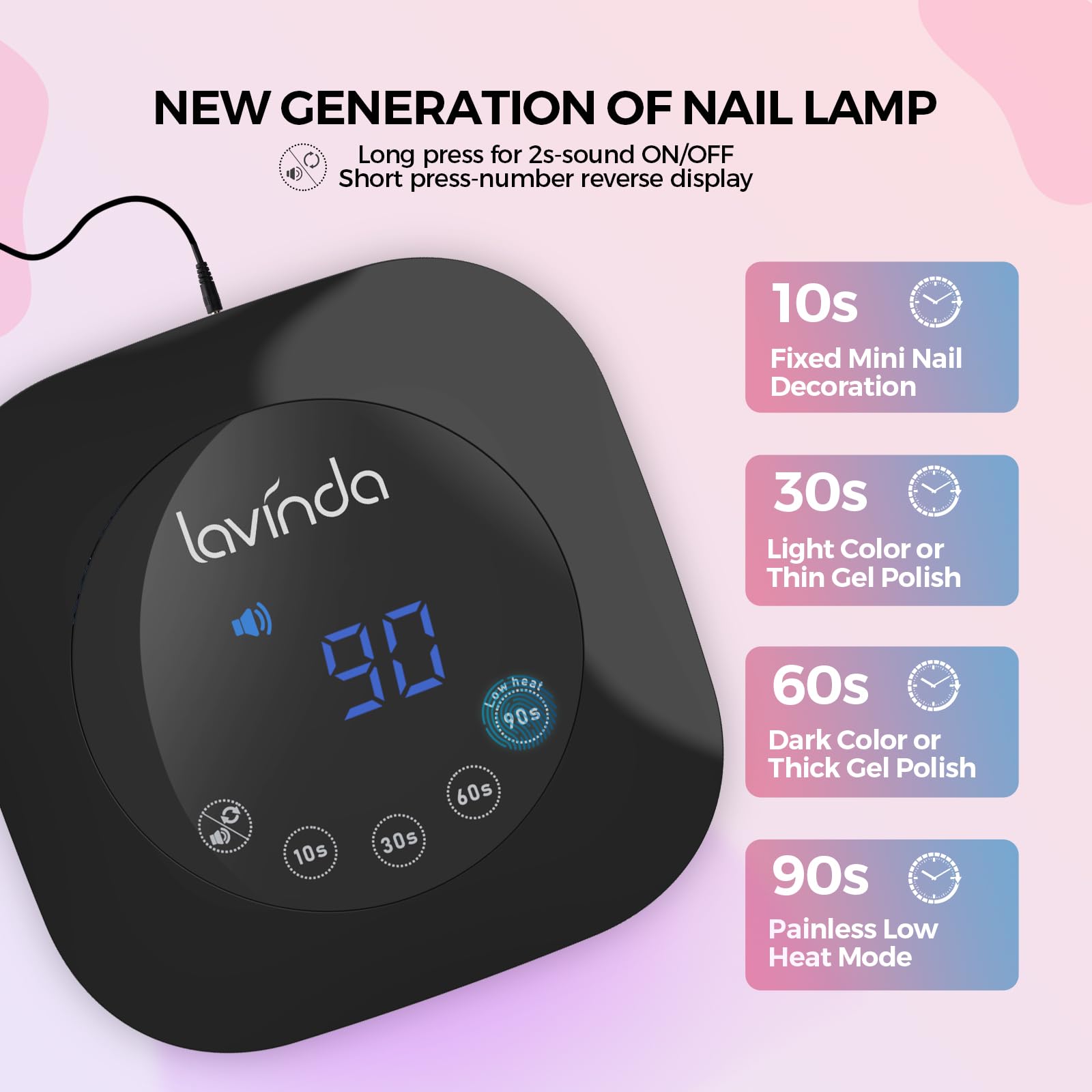 Lavinda 54W UV LED Nail Lamp – Fast Gel Curing, 4 Timers, Detachable Base