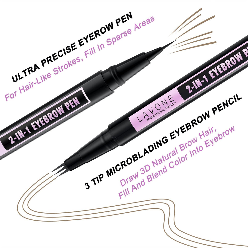 LAVONE Eyebrow Pencil 2-In-1 Waterproof Microblade – Taupe, Ultra-Precise 3-Tip Pen