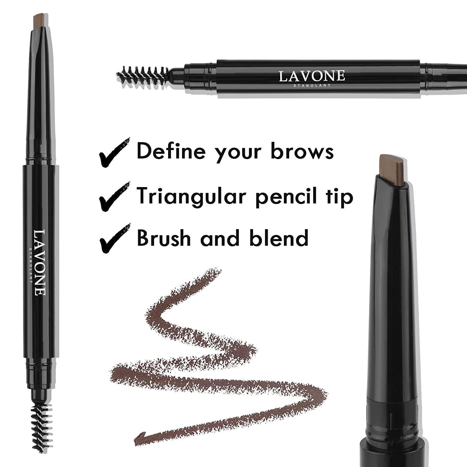 LAVONE Eyebrow Stamp Kit - Waterproof Brow Pencil, Eyeliner, Pomade & Dual Brush (Black Brown)