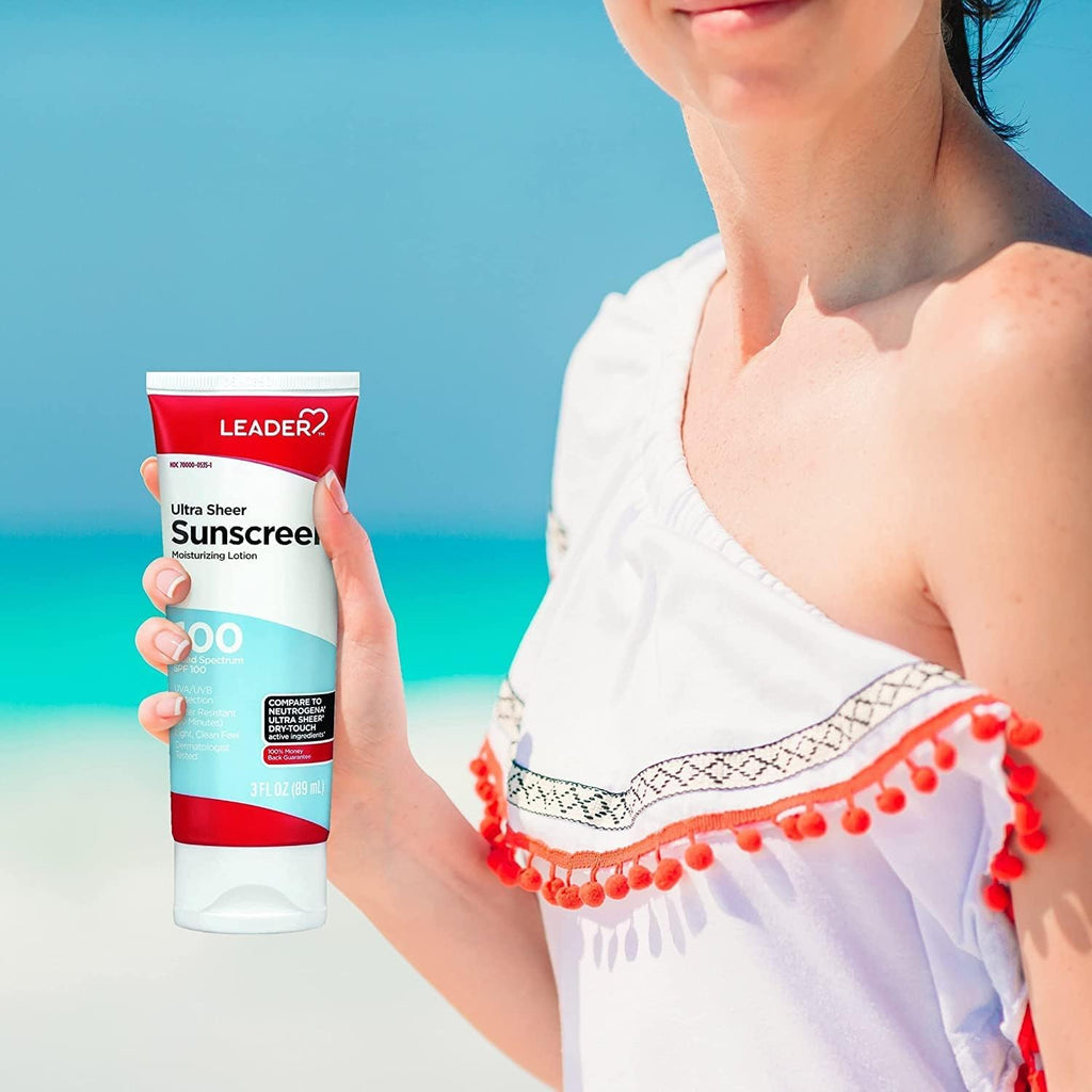 LEADER Travel Sunscreen SPF 100+ | Ultra Sheer Dry-Touch, Water-Resistant, Non-Greasy Lotion - 3 Oz (2 Pack)