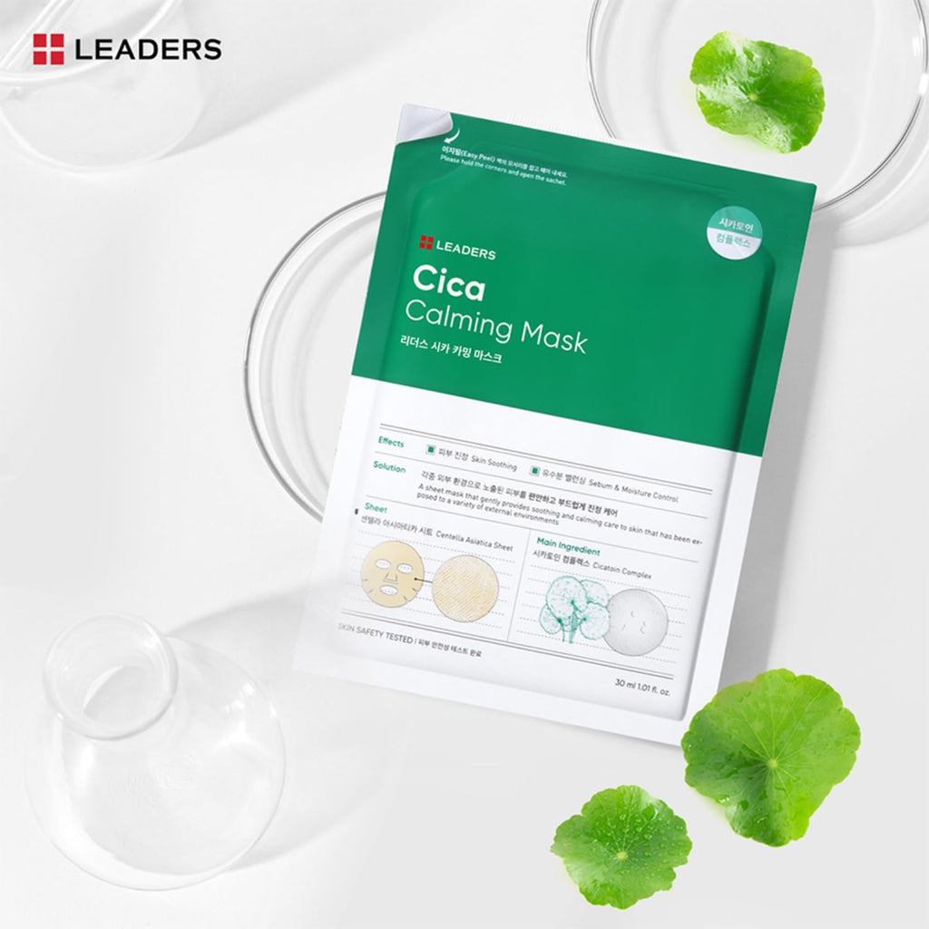LEADERS Insolution Cica Calming Mask - Soothing Relief for Irritated & Sensitive Skin | Calming Care, Sebum & Moisture Control | Easy Peel Pouch | 10 Sheets