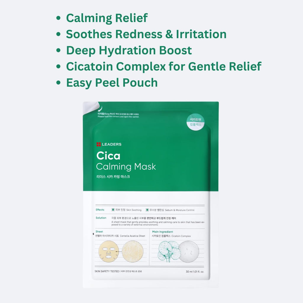 LEADERS Insolution Cica Calming Mask - Soothing Relief for Irritated & Sensitive Skin | Calming Care, Sebum & Moisture Control | Easy Peel Pouch | 10 Sheets