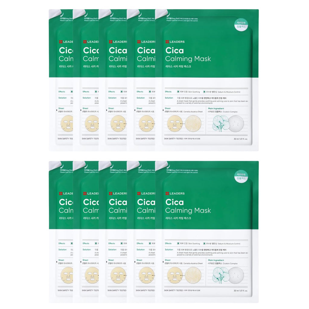 LEADERS Insolution Cica Calming Mask - Soothing Relief for Irritated & Sensitive Skin | Calming Care, Sebum & Moisture Control | Easy Peel Pouch | 10 Sheets