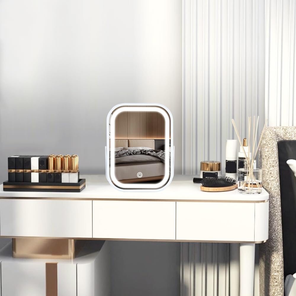 Leadzones Rechargeable Desk Vanity Mirror with Lights — 8x6 Inch Foldable