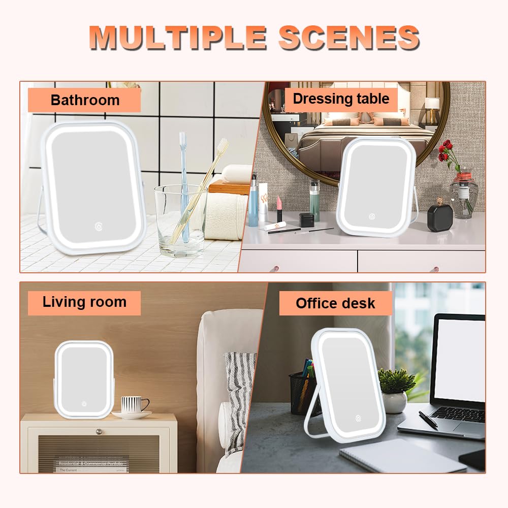 Leadzones Rechargeable Desk Vanity Mirror with Lights — 8x6 Inch Foldable