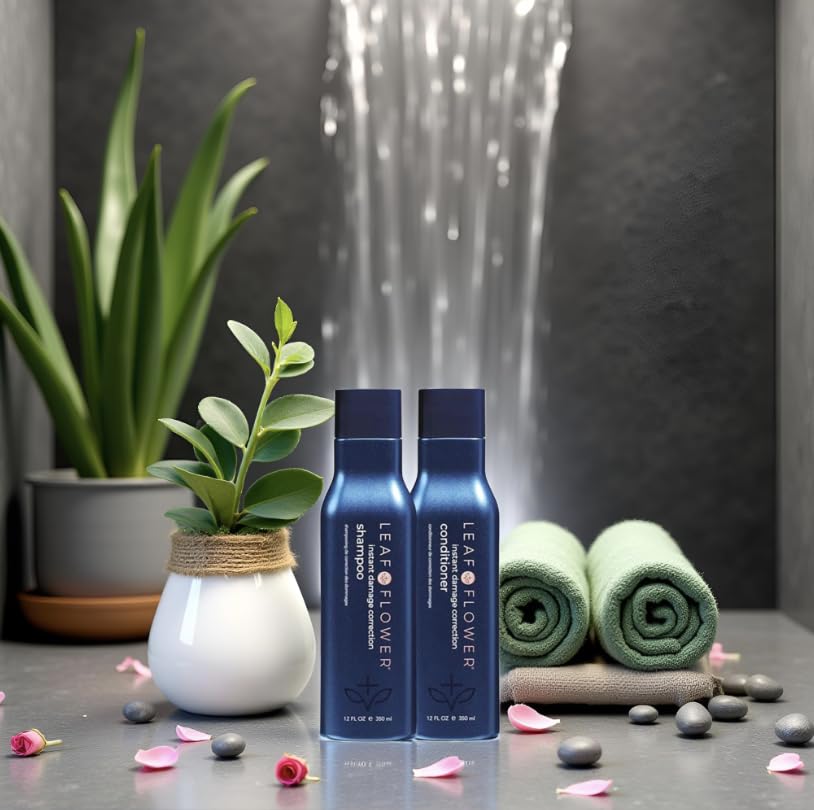 Leaf & Flower Shampoo & Conditioner Duo – 12 oz Blue Packaging for Damage Repair and Gentle Care
