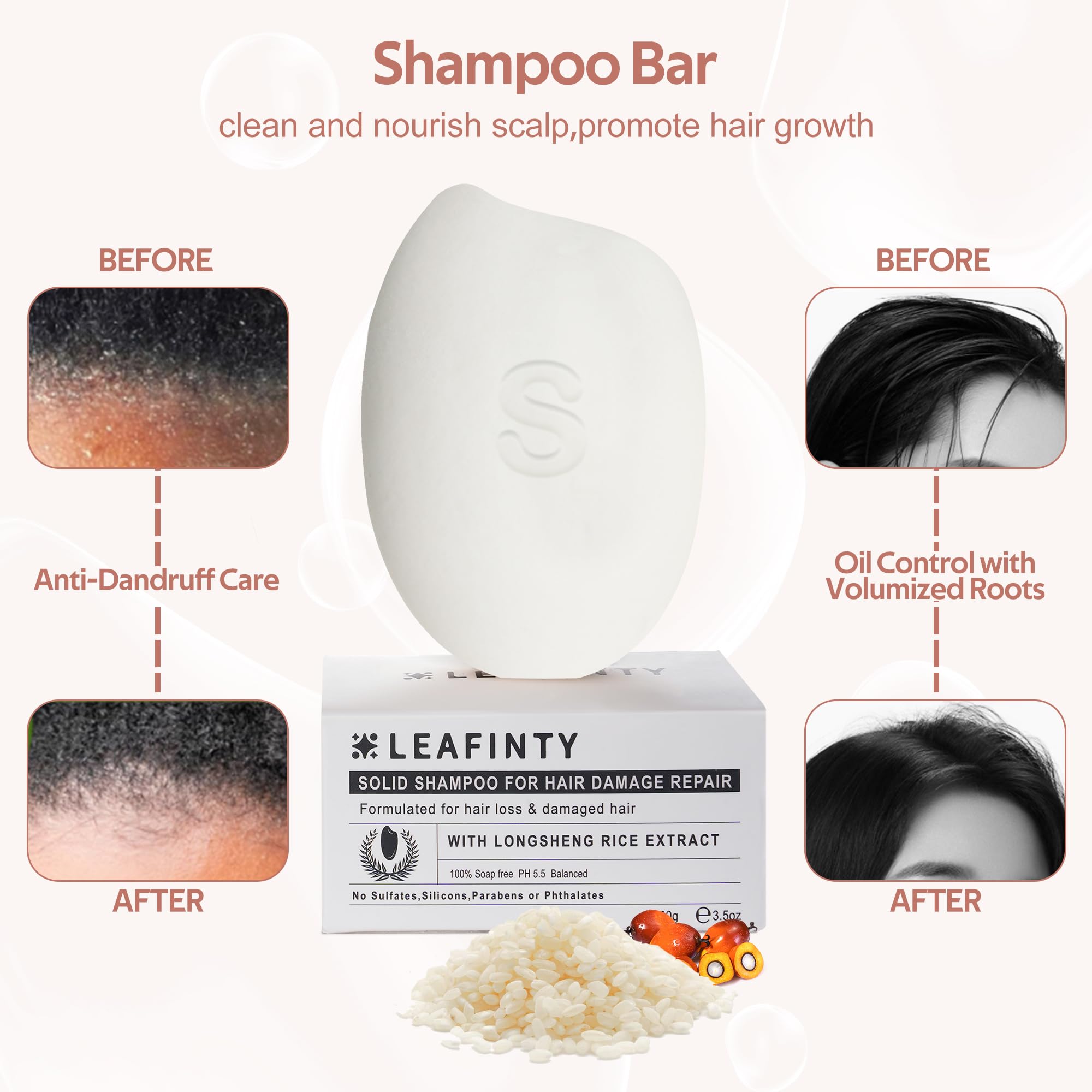 Leafinty Rice Water Shampoo & Conditioner Bar for Hair Growth – Vegan, Natural, Thickening & Strengthening | 6.7 oz