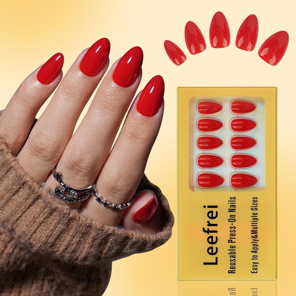 Leefrei Red Press-On Nails – Glossy Short Almond Kit with Glue & Tabs (32 Pieces, 16 Sizes)