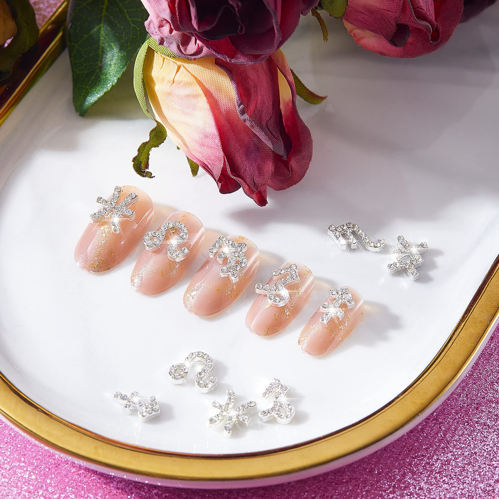 Leelosp 48 Pcs Zodiac Sign Nail Charms – 3D Rhinestone Jewelry for Nails & DIY Crafts (Gold & Silver)