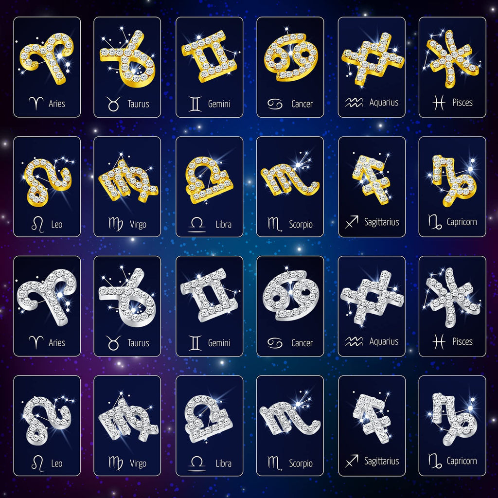 Leelosp 48 Pcs Zodiac Sign Nail Charms – 3D Rhinestone Jewelry for Nails & DIY Crafts (Gold & Silver)