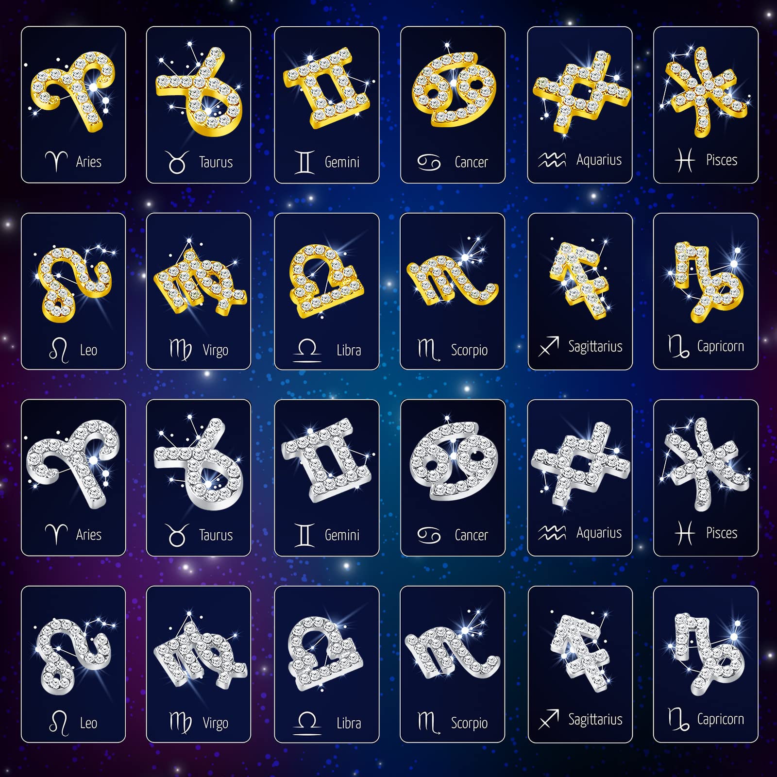 Leelosp 48 Pcs Zodiac Sign Nail Charms – 3D Rhinestone Jewelry for Nails & DIY Crafts (Gold & Silver)