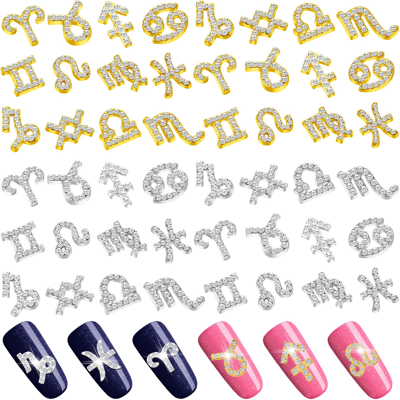 Leelosp 48 Pcs Zodiac Sign Nail Charms – 3D Rhinestone Jewelry for Nails & DIY Crafts (Gold & Silver)