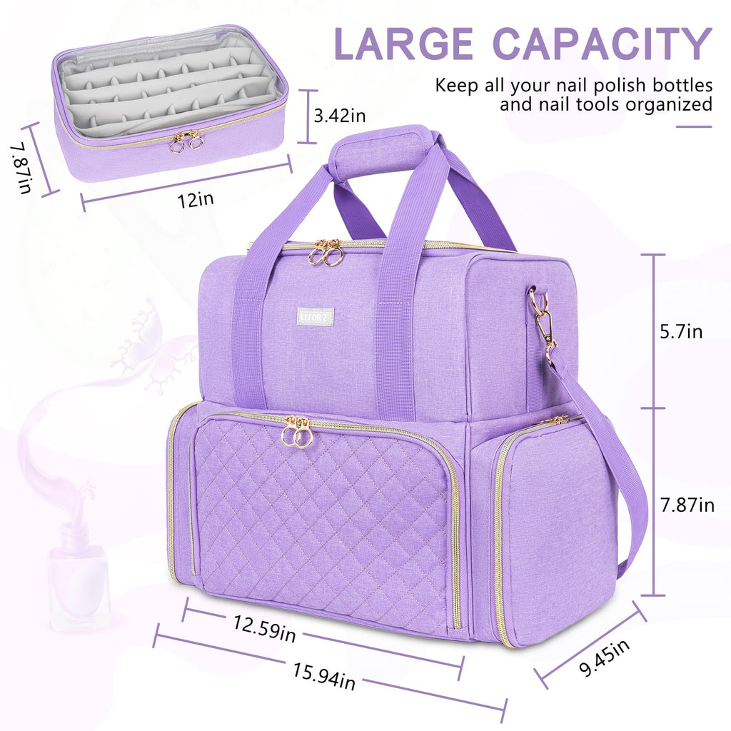 LEFOR·Z Nail Polish Organizer – 80 Bottles, Nail Lamp, 2 Removable Bags, Portable Purple