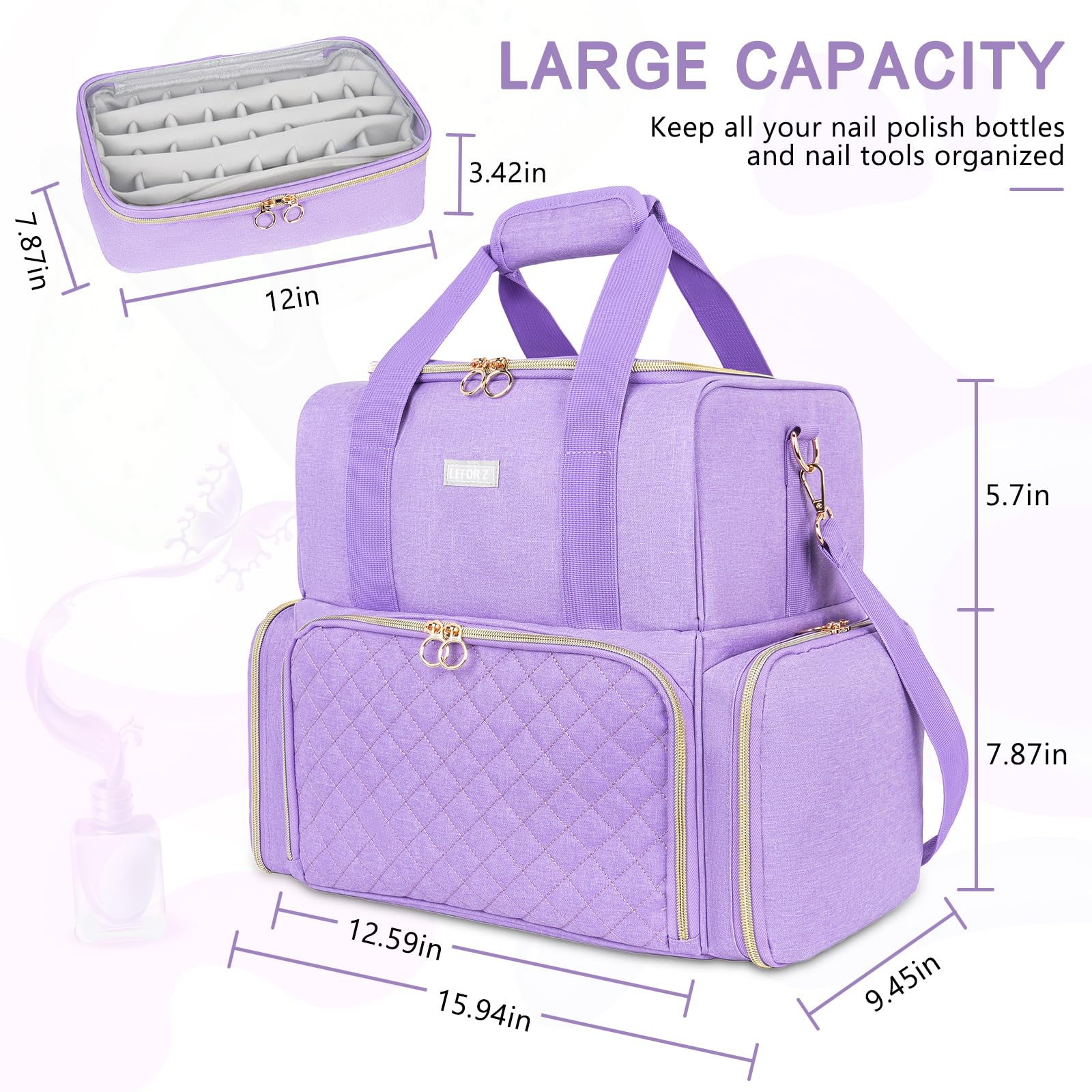 LEFOR·Z Nail Polish Organizer – 80 Bottles, Nail Lamp, 2 Removable Bags, Portable Purple
