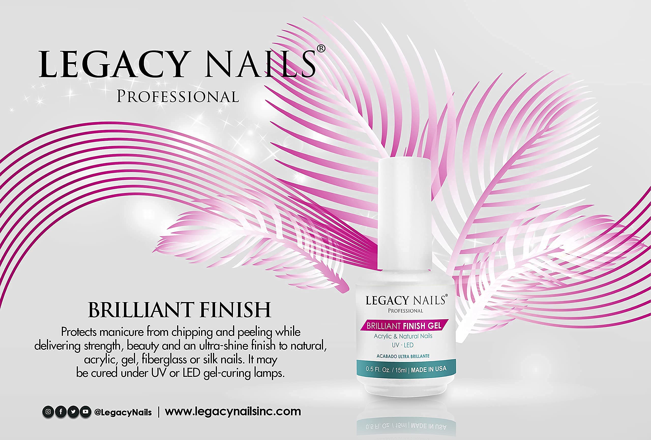 Legacy Nails BRILLANT FINISH GEL Top Coat 0.5oz — High-Gloss, Chip-Resistant, Quick-Curing
