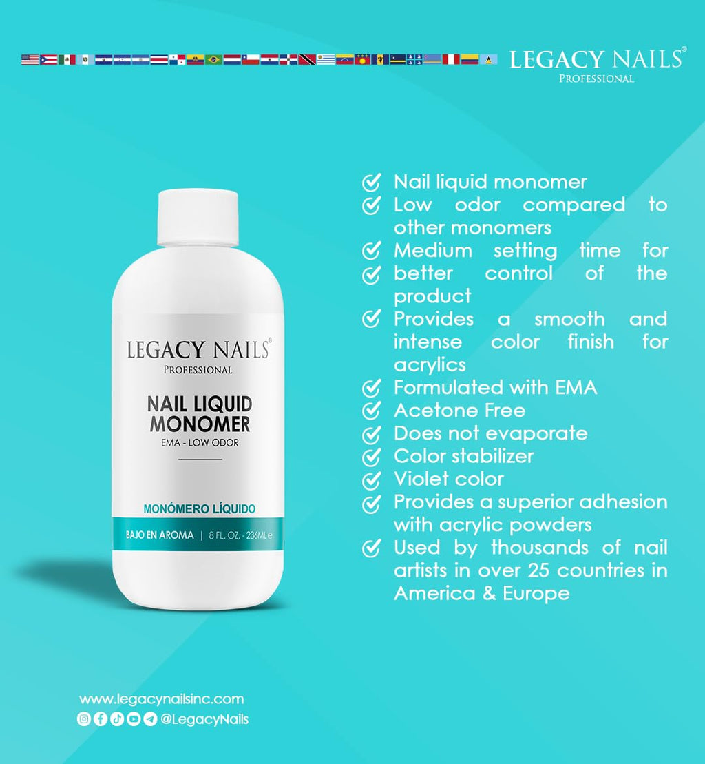 Legacy Nails Professional Nail Liquid Monomer – MMA-Free, Low Odor, Acetone-Free, 236ml for Extensions & Sculpting