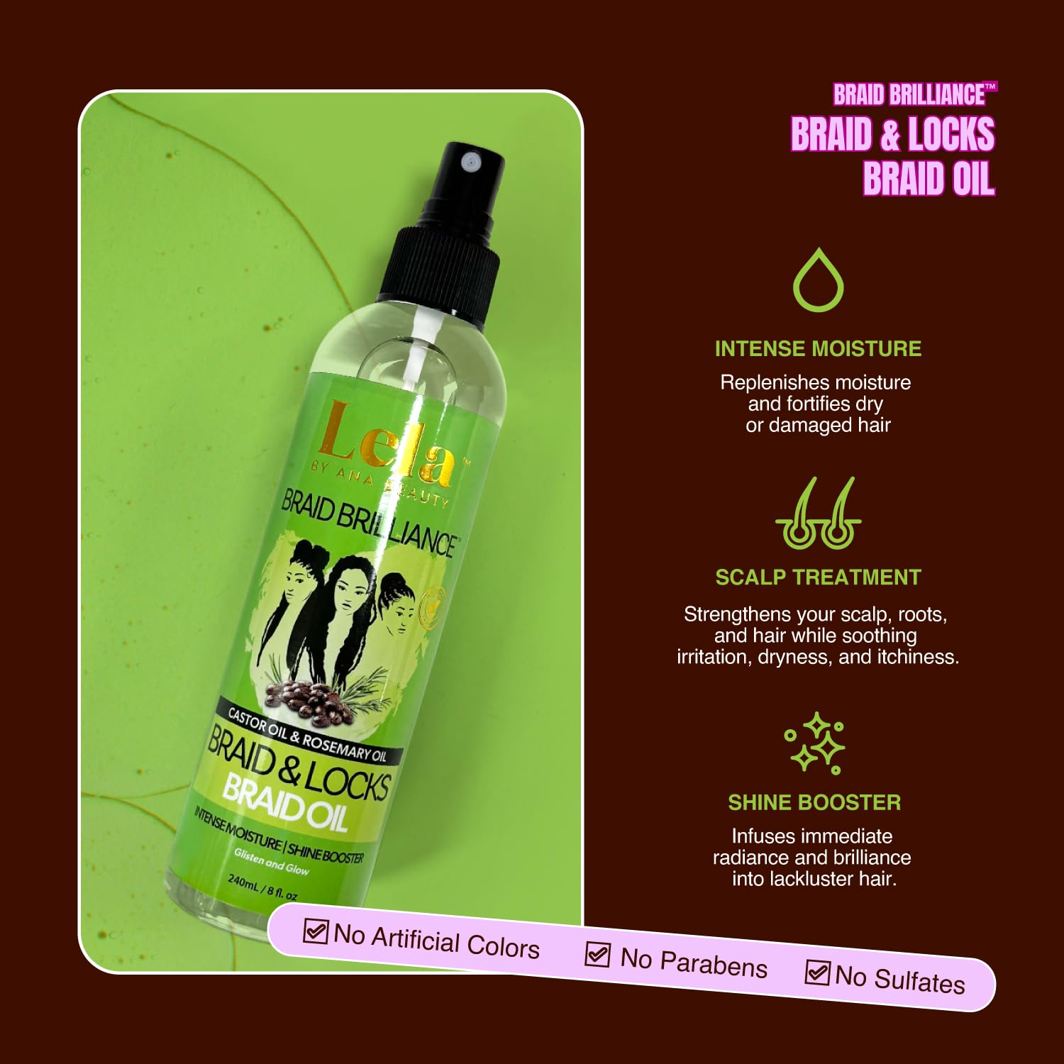 LELA by Ana Beauty Braid Oil – Hydrating, Nourishing, Anti-Frizz Shine for Braids (240 mL)