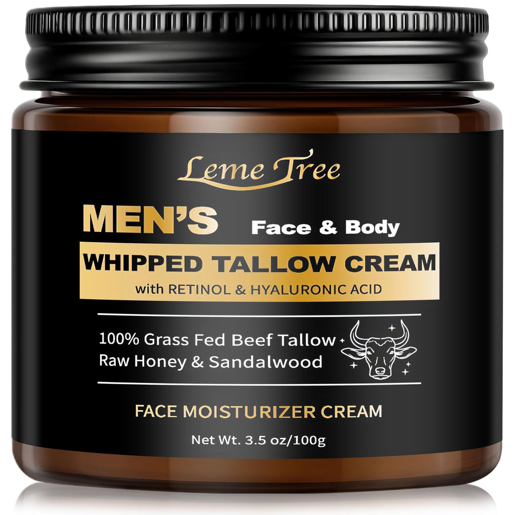 LemeTree Men's Beef Tallow Face Cream – Retinol & Hyaluronic Acid, Sandalwood, 3.5 oz