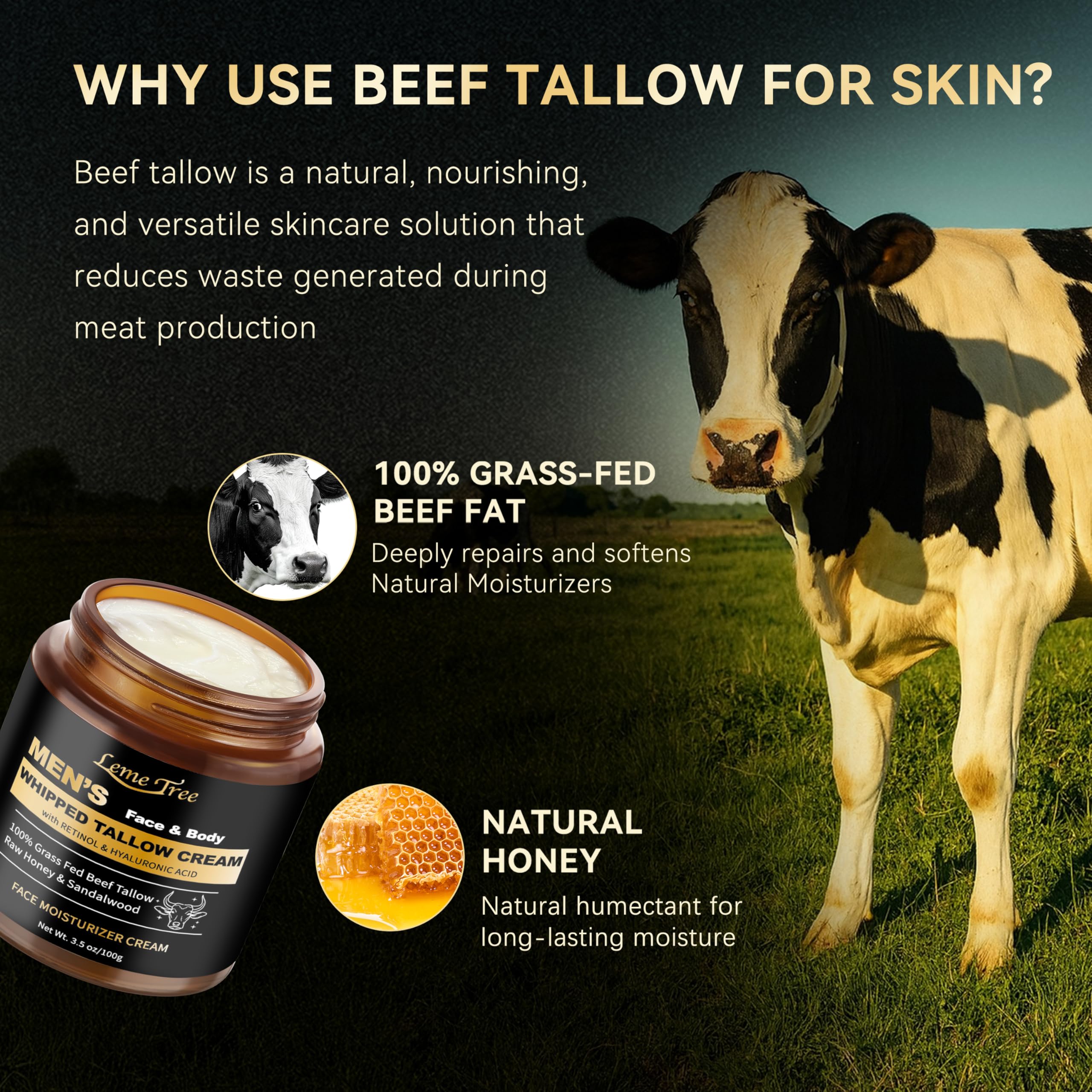 LemeTree Men's Beef Tallow Face Cream – Retinol & Hyaluronic Acid, Sandalwood, 3.5 oz