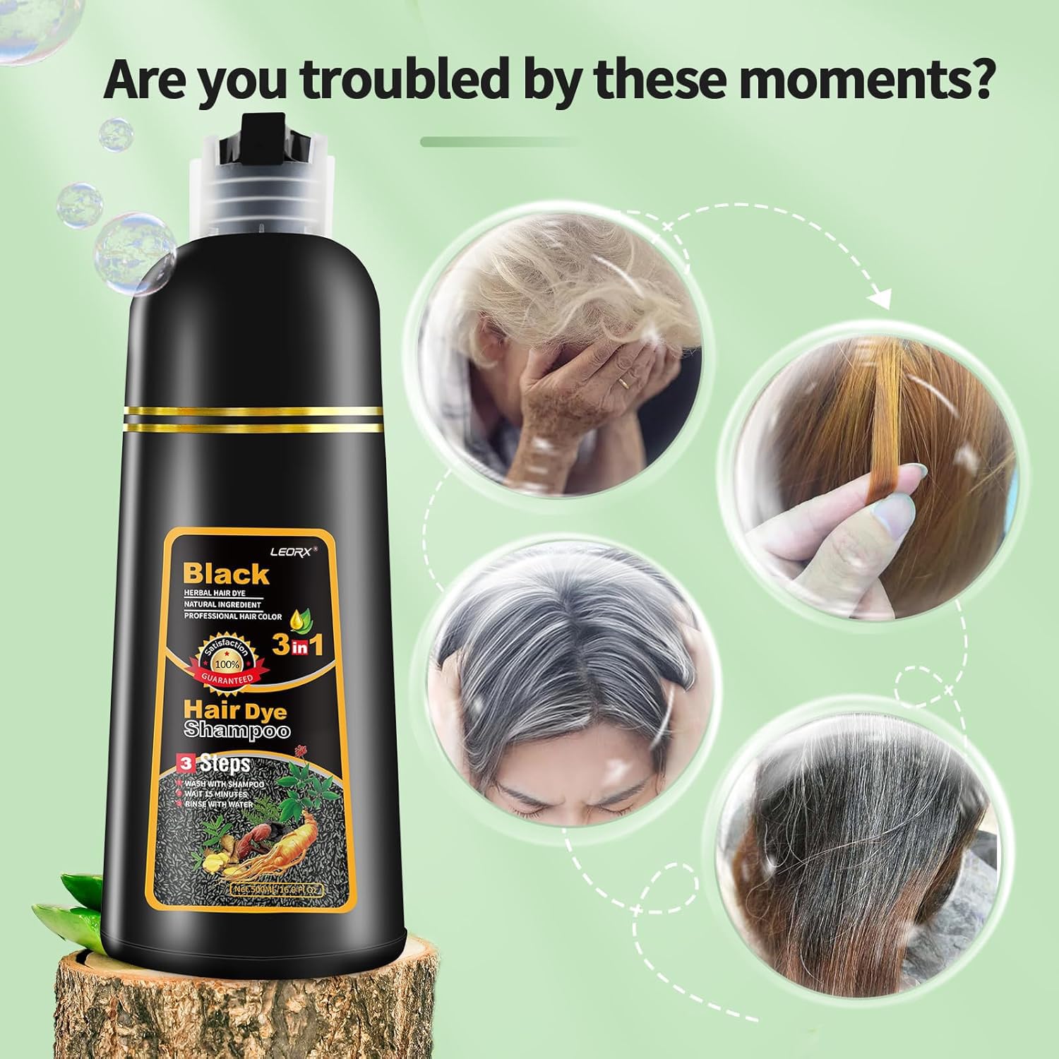Leorx 2 Pack Black Hair Dye Shampoo — 3-in-1 Color, Cleanse & Condition for Gray Hair