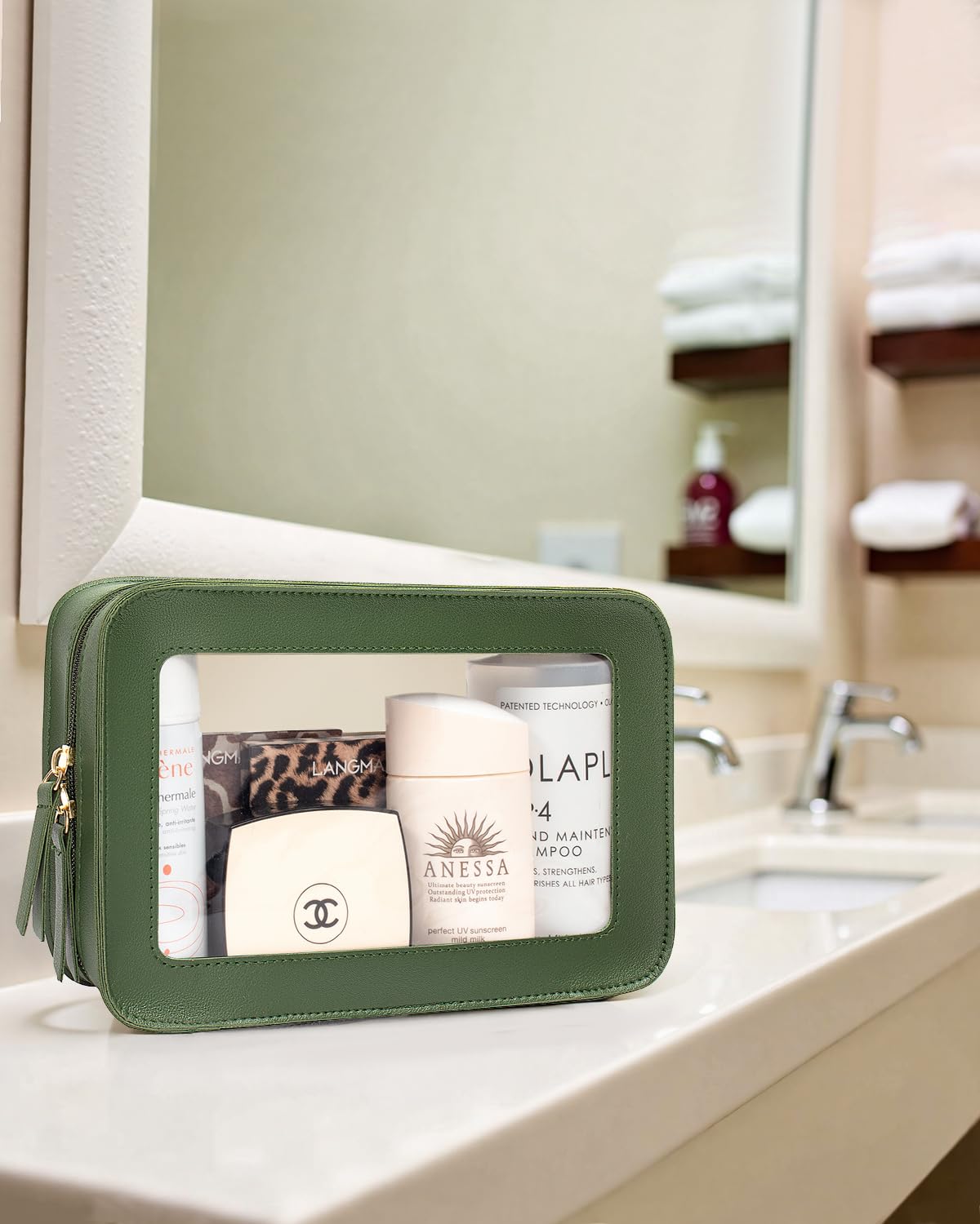 LETGO Clear Makeup Bag – TSA-Approved Travel Organizer, PU Saffiano Leather, Vintage Green