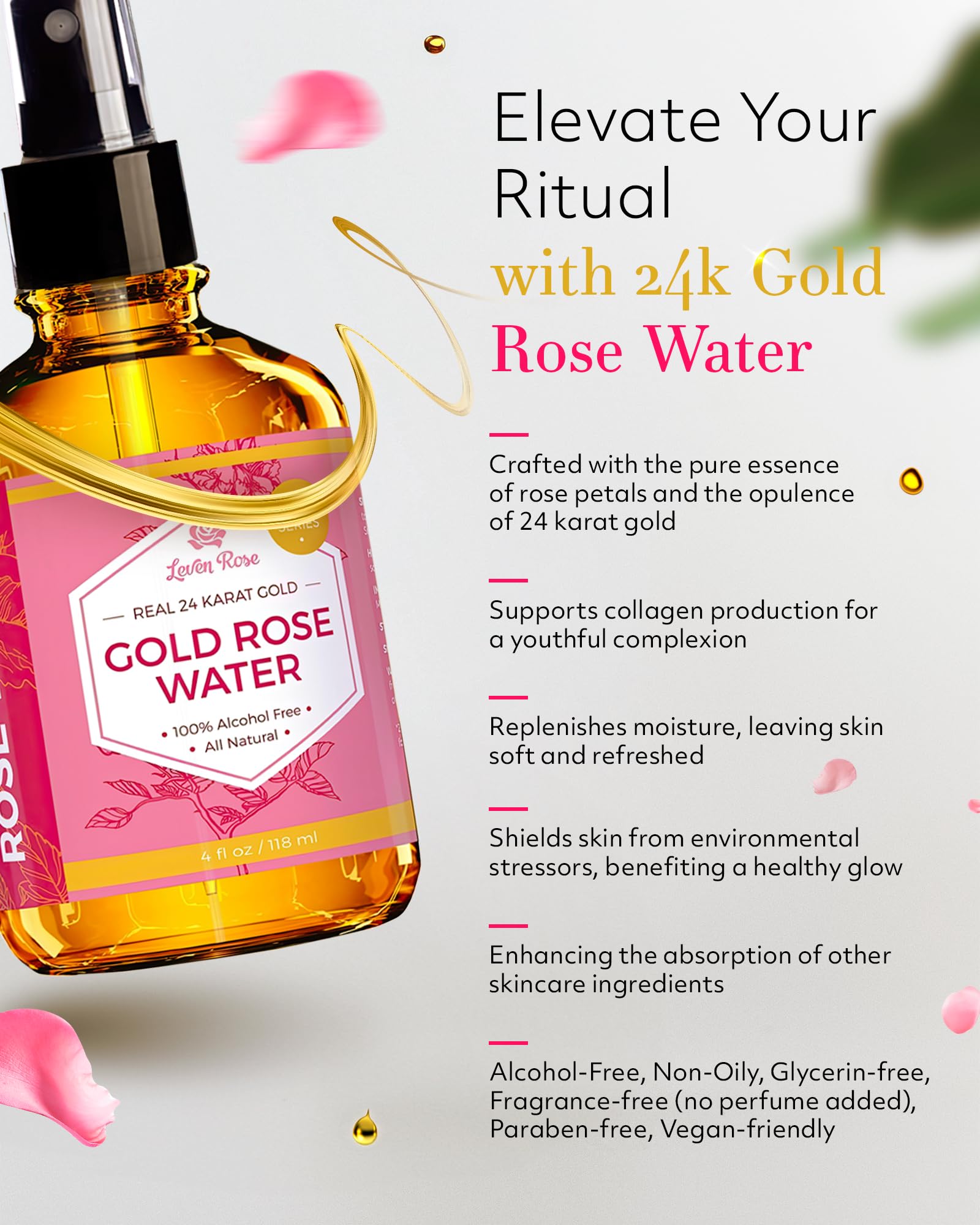 Leven Rose 24K Gold Rose Water Toner – Natural Moroccan Rosewater 4 oz