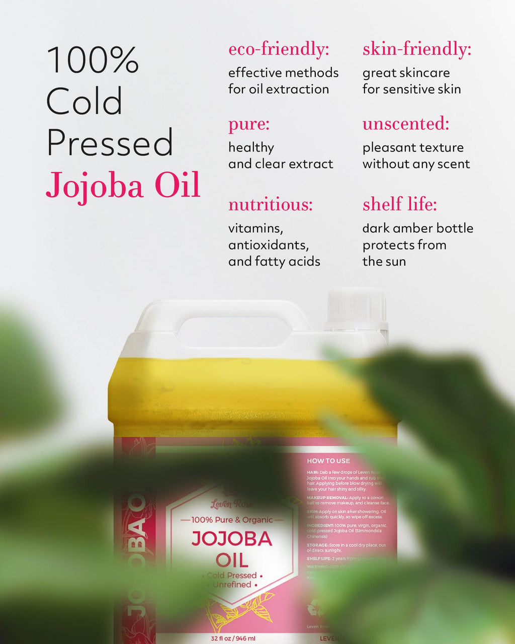 Leven Rose Jojoba Oil Bulk 32 oz – Pure Cold-Pressed Jojoba Oil for Skin, Hair & Nails