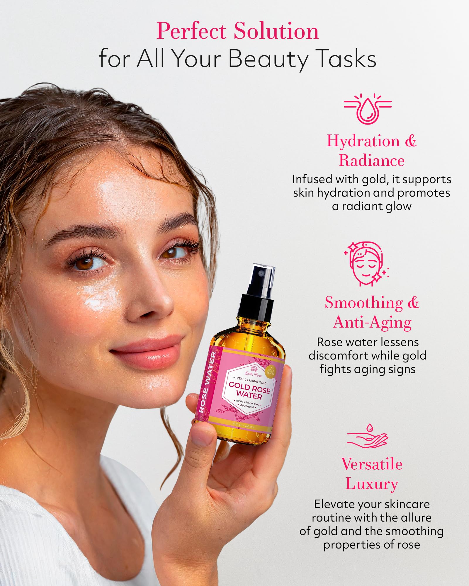 Leven Rose 24K Gold Rose Water Toner – Natural Moroccan Rosewater 4 oz