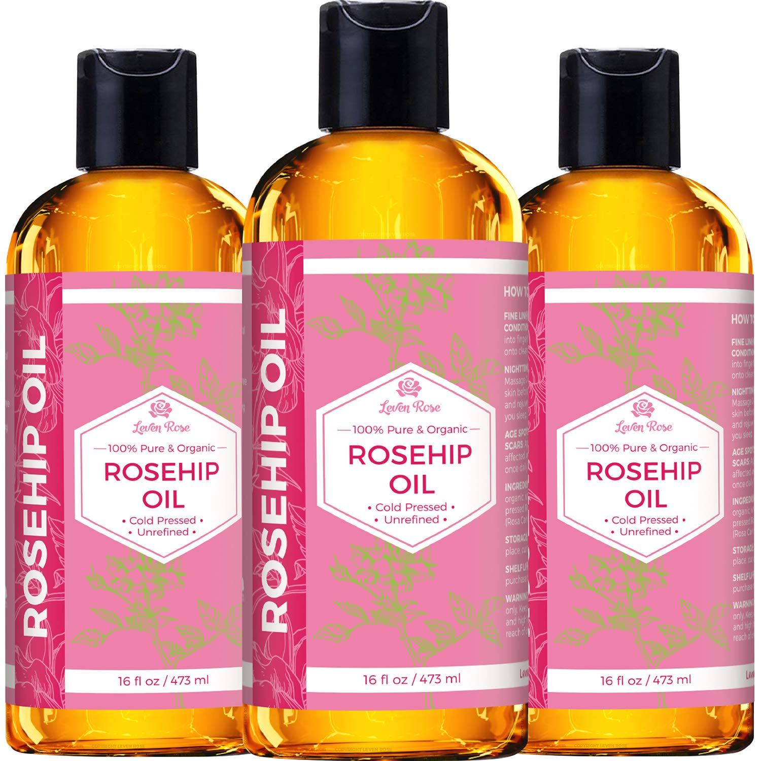 Leven Rose Rosehip Seed Oil 16 oz – Pure, Unrefined Cold-Pressed Rosehip Oil for Face, Body, Hair & Nails