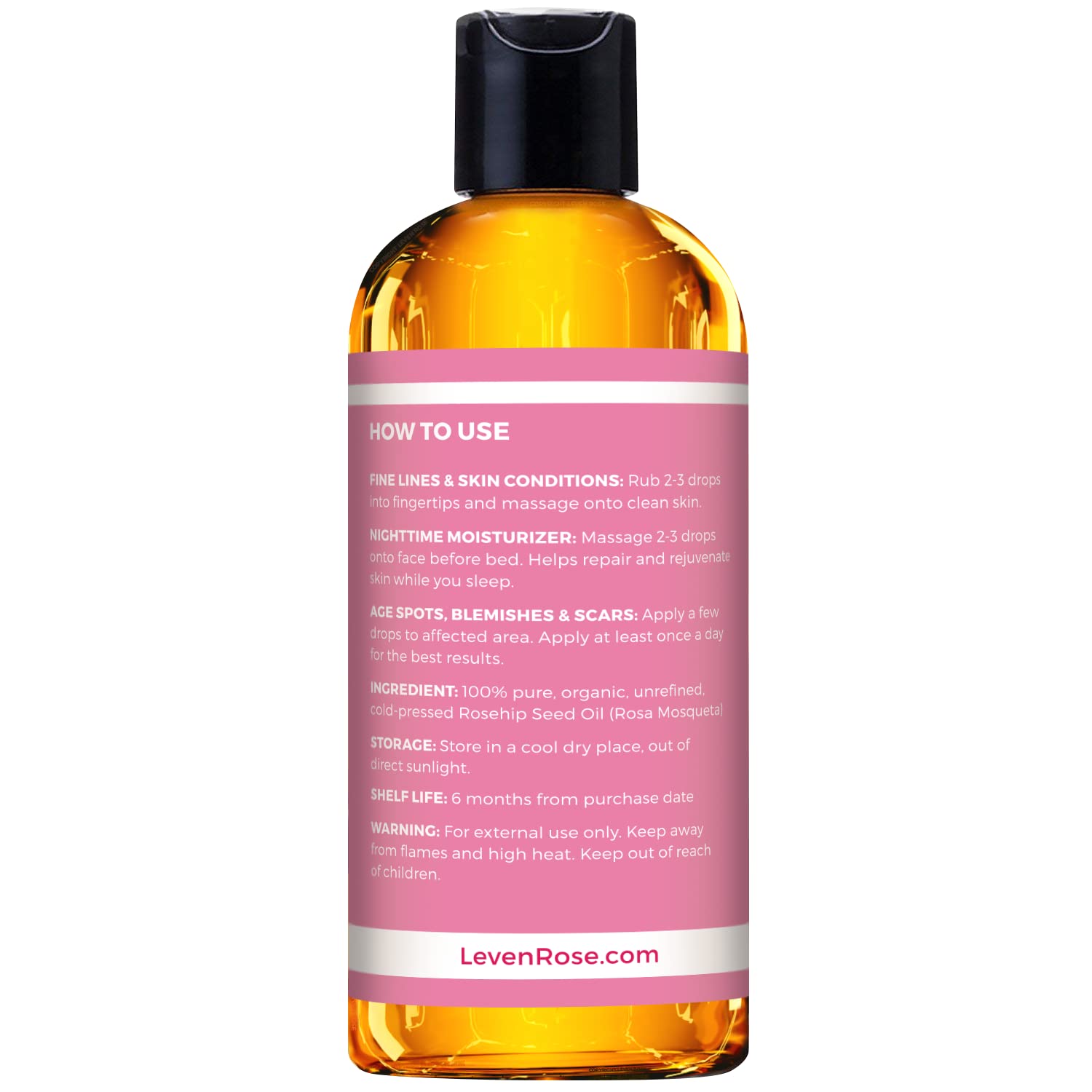 Leven Rose Rosehip Seed Oil 16 oz – Pure, Unrefined Cold-Pressed Rosehip Oil for Face, Body, Hair & Nails