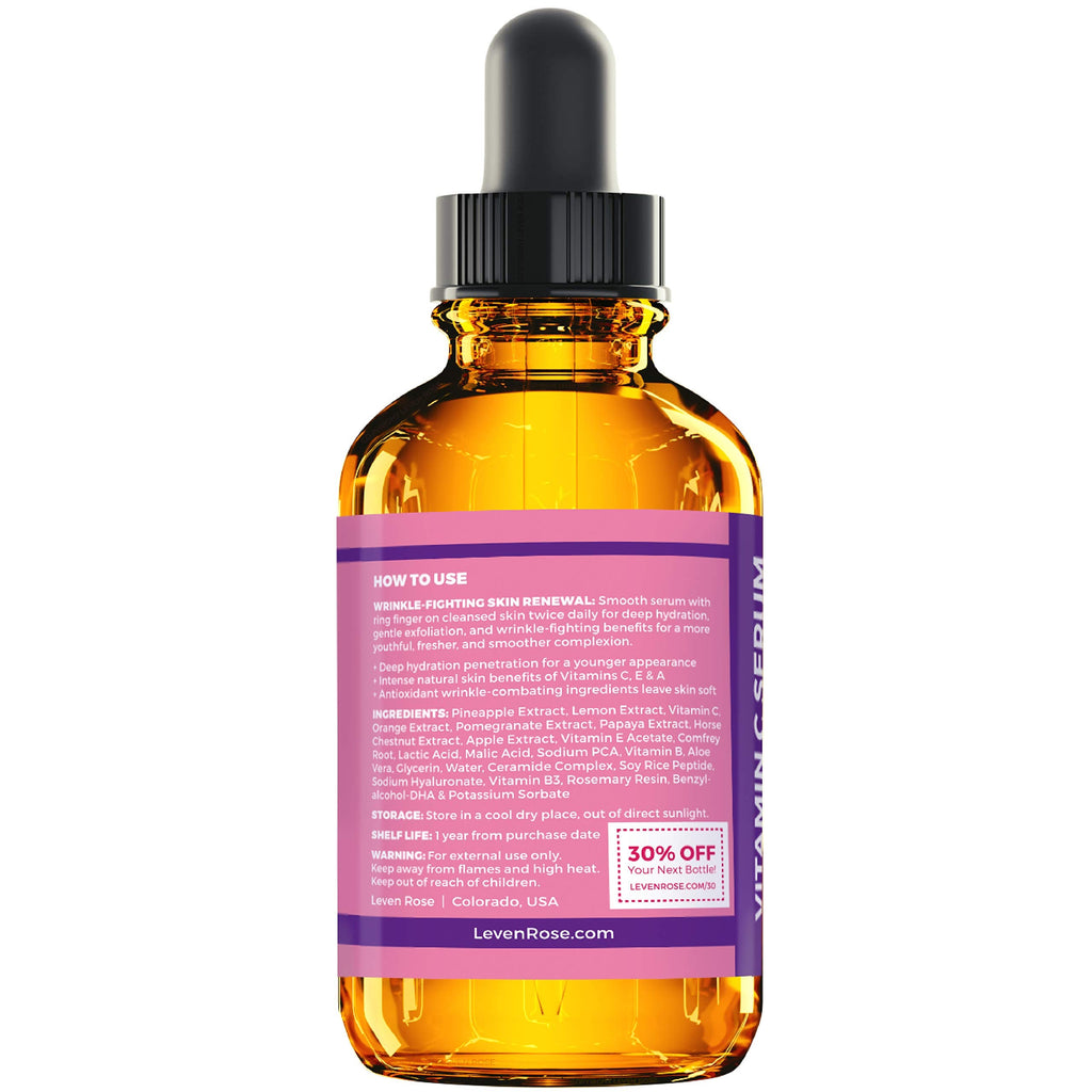Leven Rose Vitamin C Brightening Serum – 100% Natural Face Serum, Hydration & Radiant Glow (1 oz)