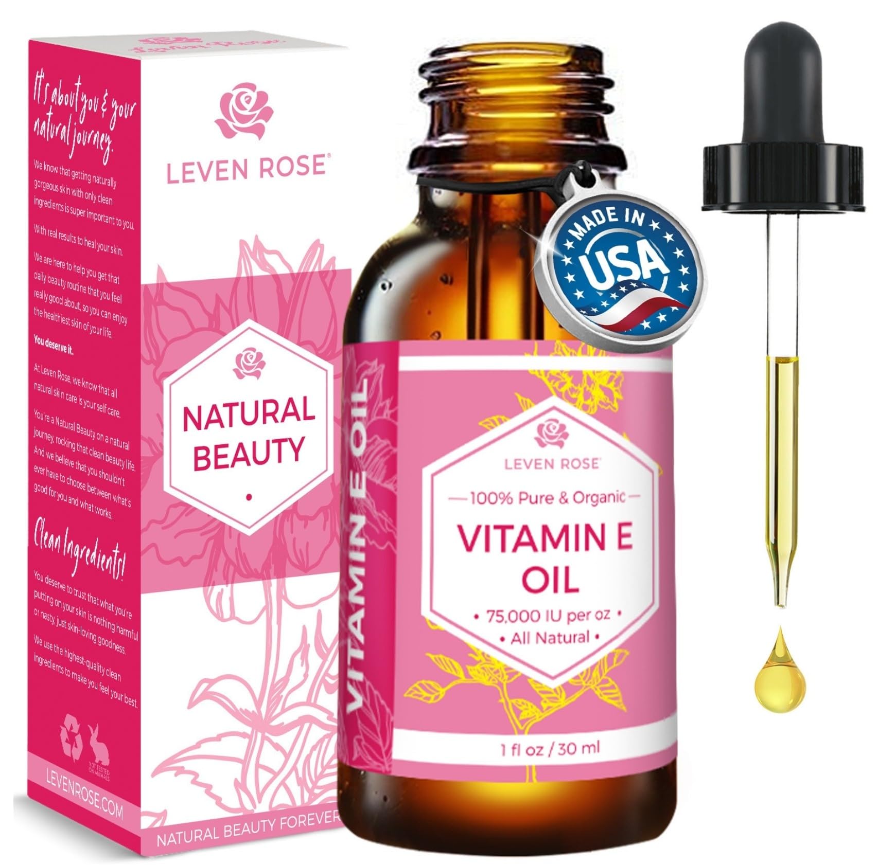 Leven Rose Vitamin E Oil 75,000 IU/oz – 100% Natural, Organic, Pure Vitamin E Oil for Skin, Hair & Nails (1 oz)