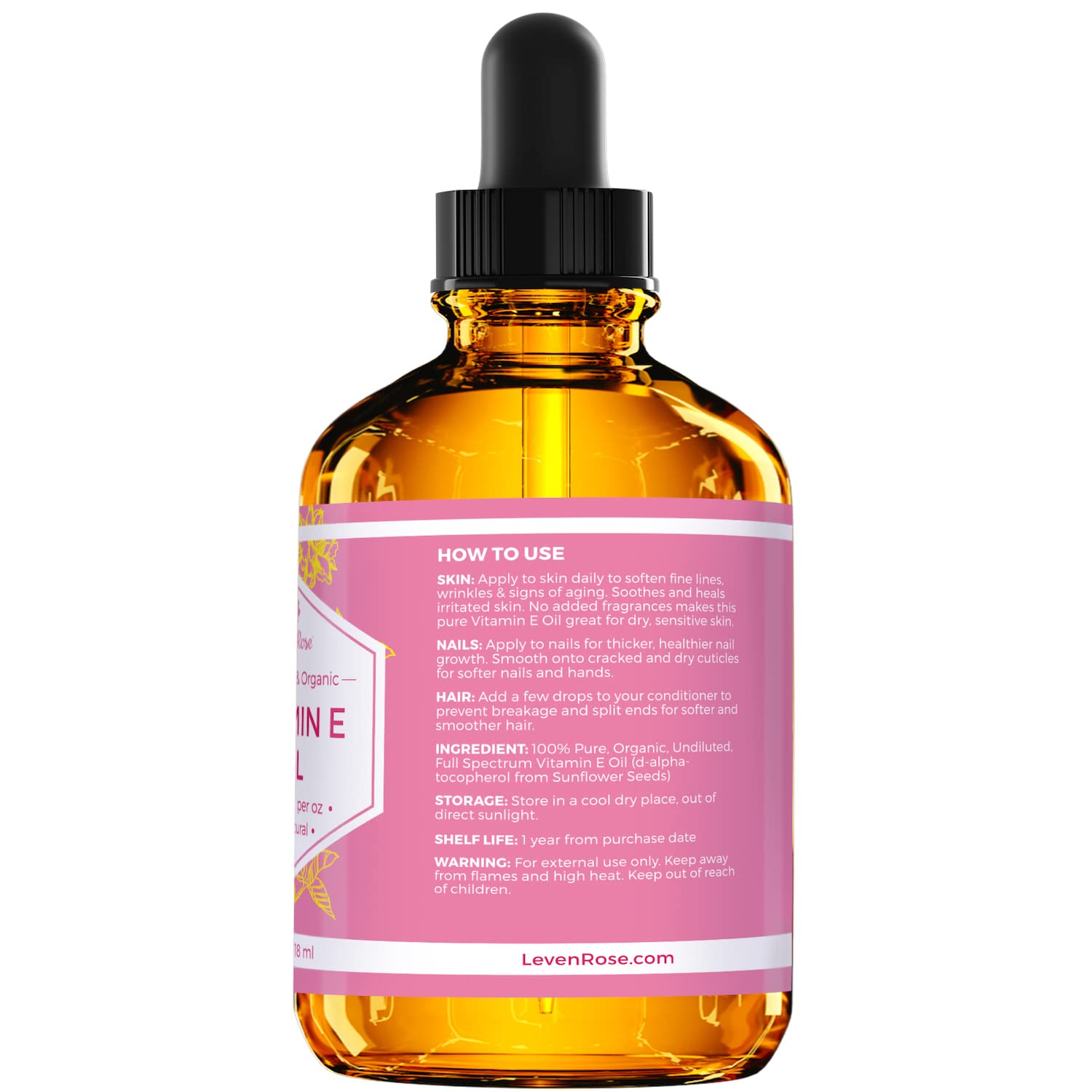 Leven Rose Vitamin E Oil – 75,000 IU/oz, 4 oz | Natural, Organic, Pure