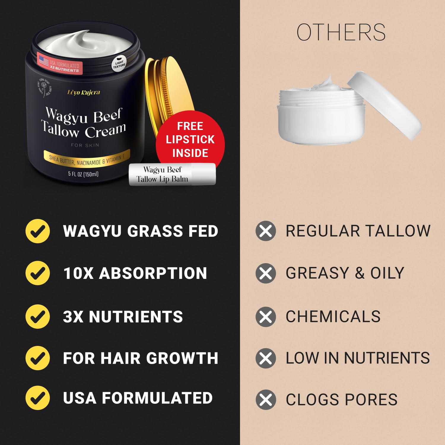 Lèyo Rujera Wagyu Beef Tallow Moisturizer 5oz – Non-Greasy Skin & Hair Hydration