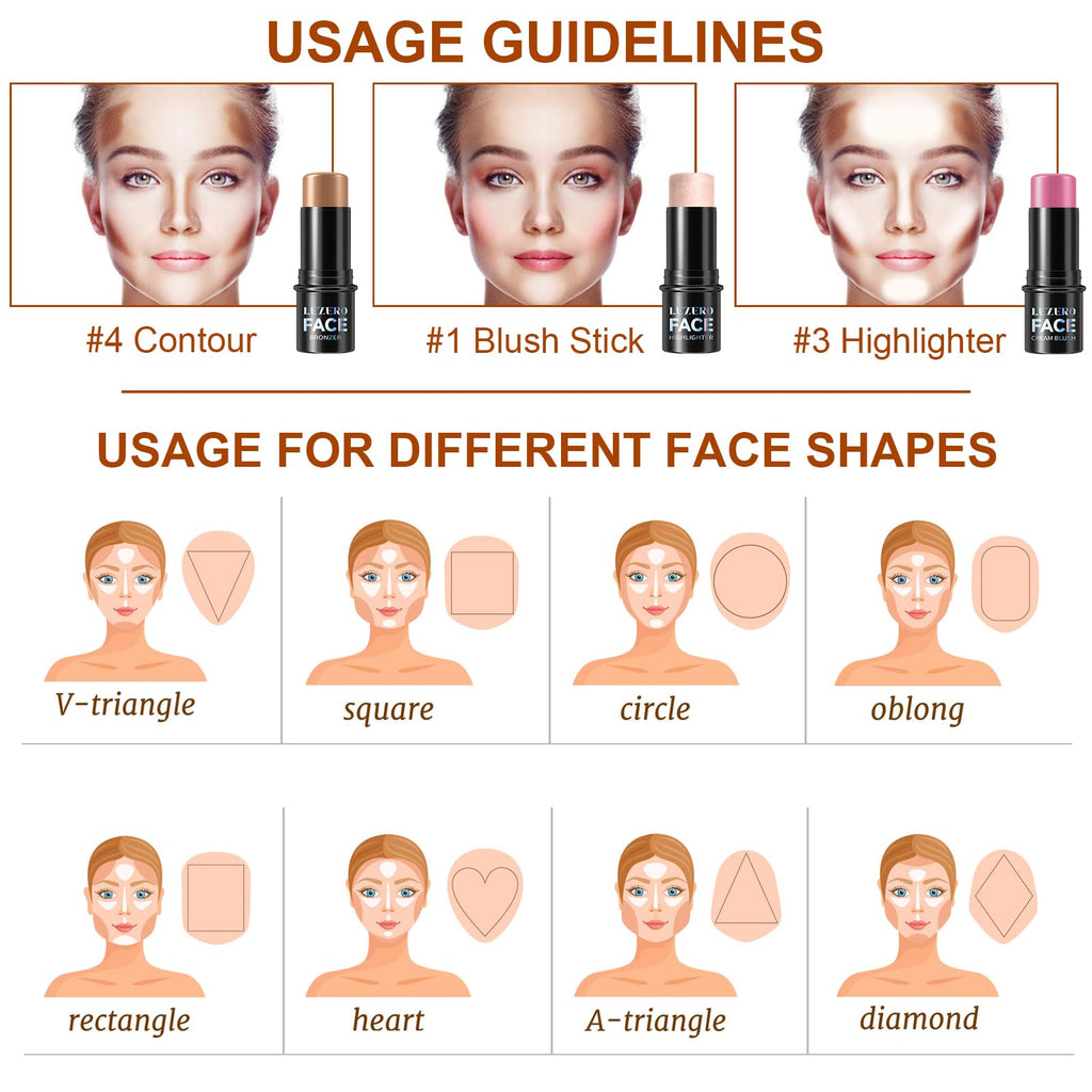 Lezero 3Pcs Contour Stick Kit in Light Fair | Highlighter, Blush & Bronzer