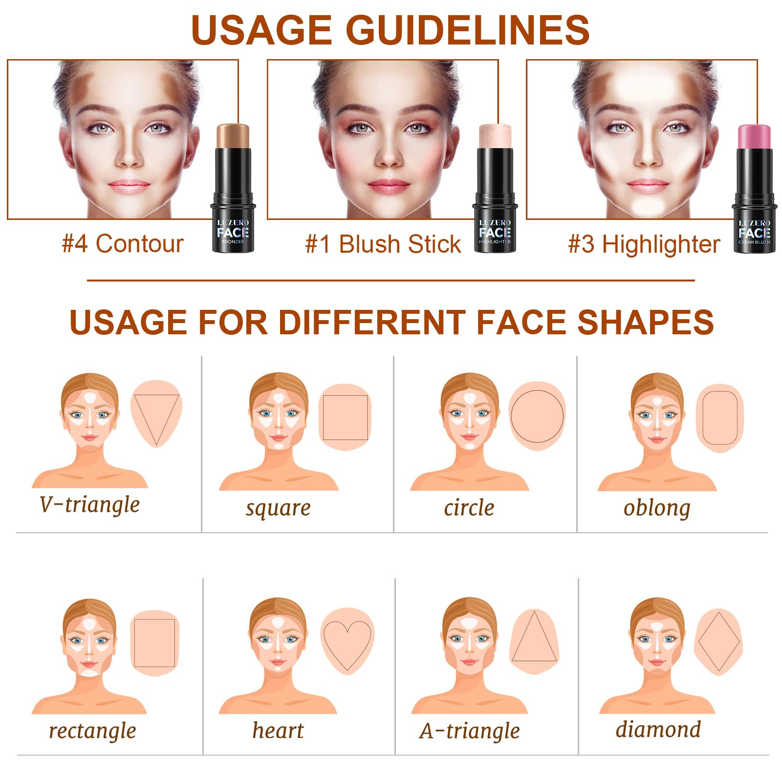 Lezero 3Pcs Contour Stick Kit in Light Fair | Highlighter, Blush & Bronzer