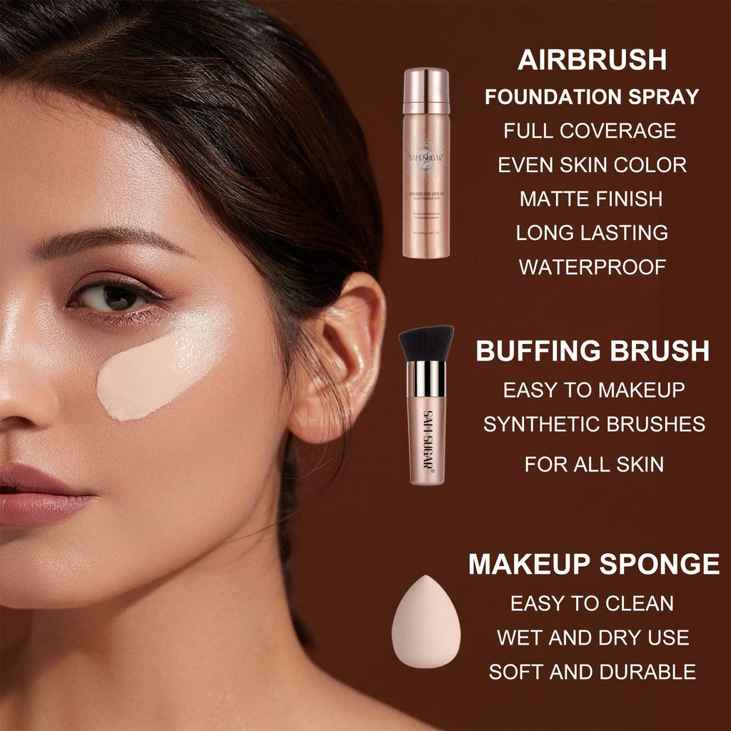 Lezero AirBrush Foundation Spray – Full-Coverage Matte Finish with Brush & Sponge (#4 Warm Beige)