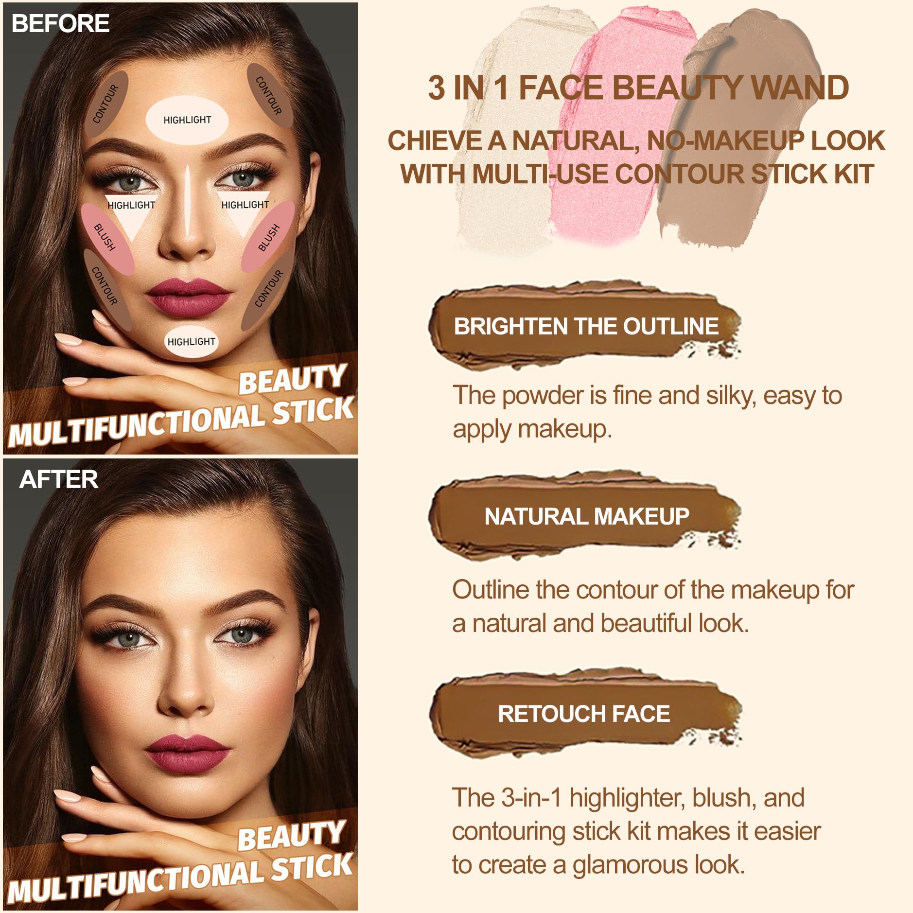 Lezero 3Pcs Contour Stick Kit – Light Shades with Highlighter, Blush & Bronzer