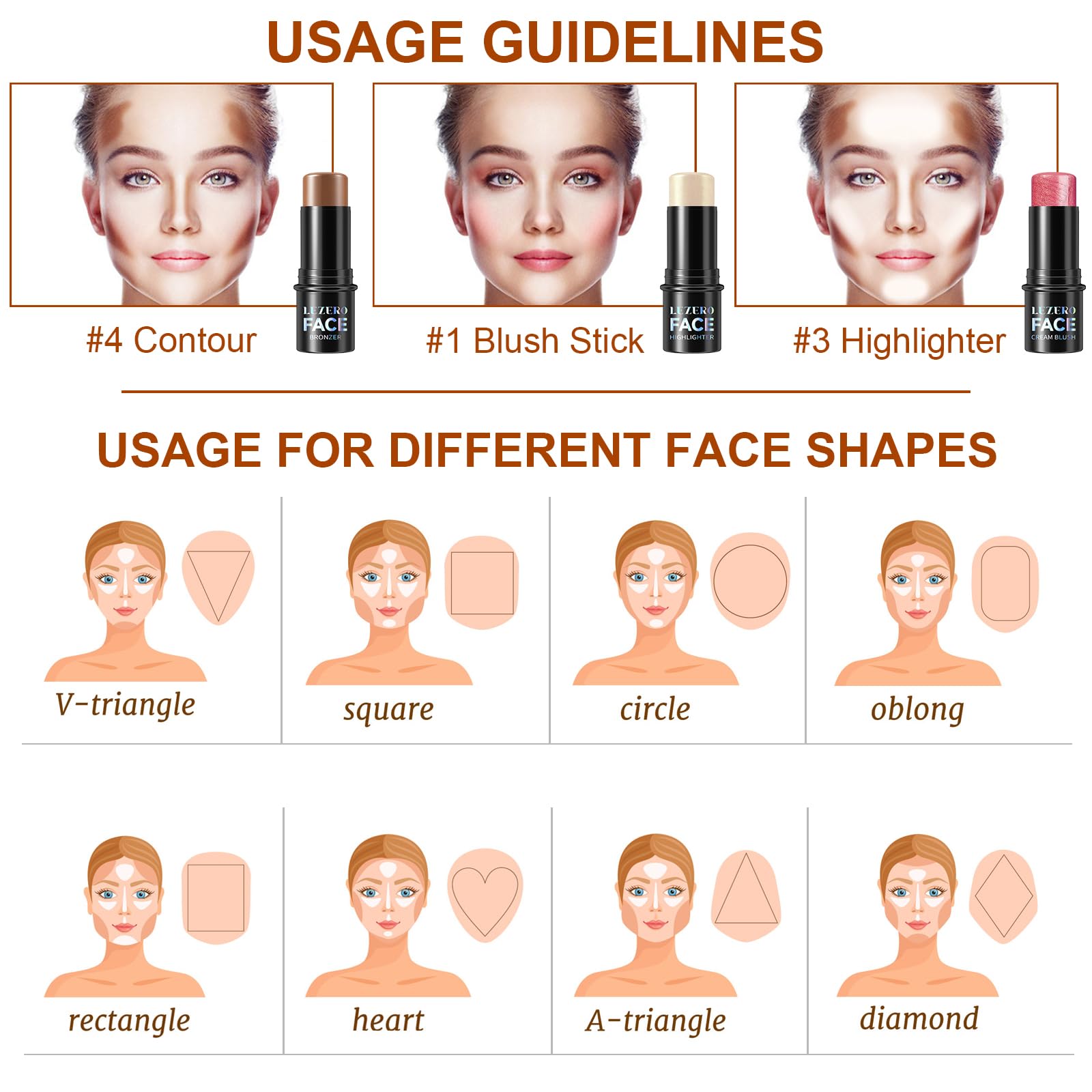 Lezero 3Pcs Contour Stick Kit – Light Shades with Highlighter, Blush & Bronzer