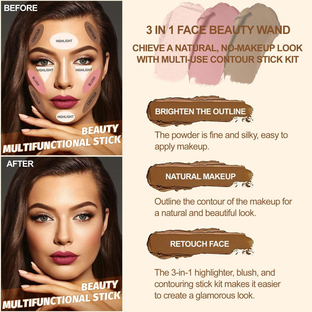 Lezero 3Pcs Contour Stick Kit – Light Medium | Highlighter, Blush & Bronzer for All Skin Types