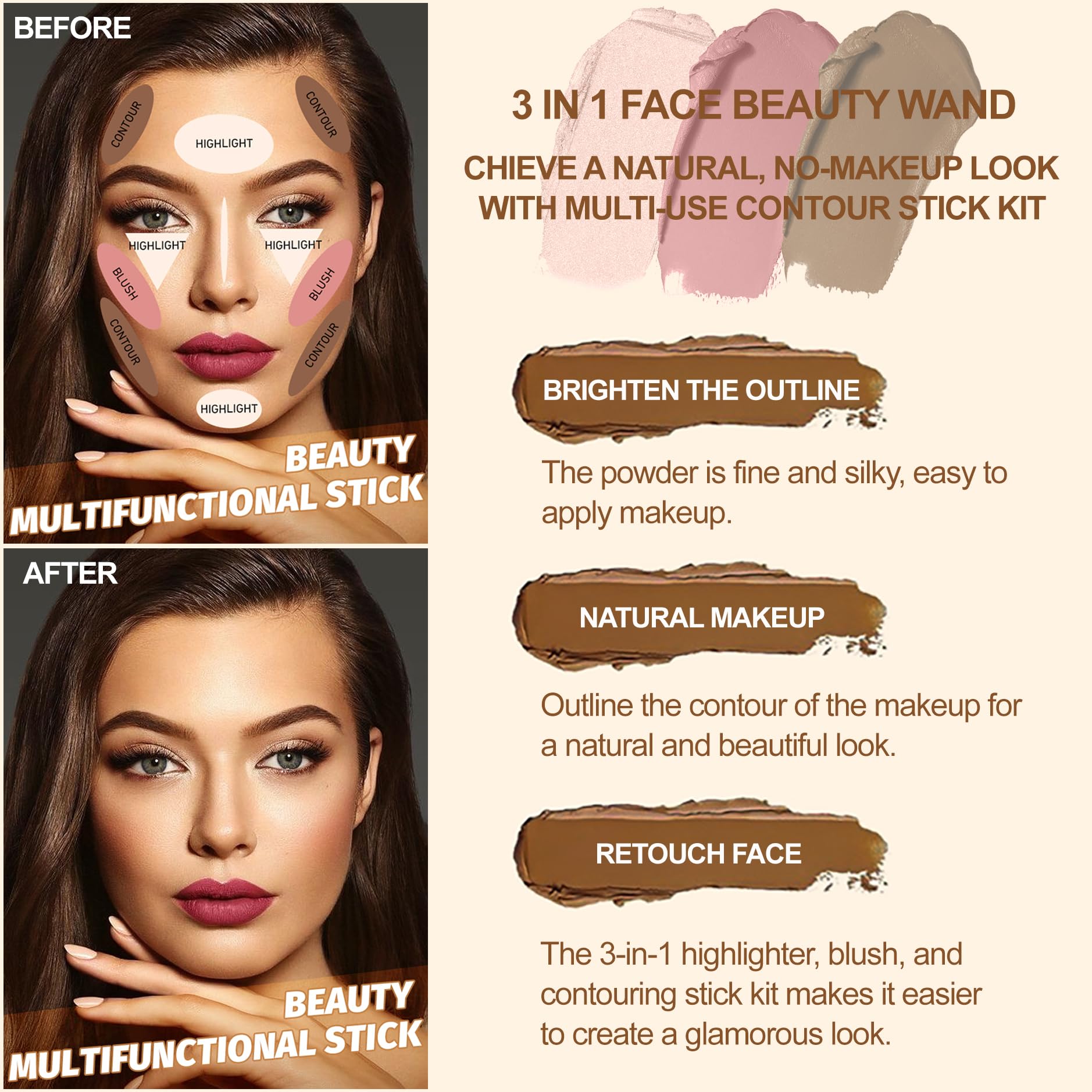 Lezero 3Pcs Contour Stick Kit – Light Medium | Highlighter, Blush & Bronzer for All Skin Types